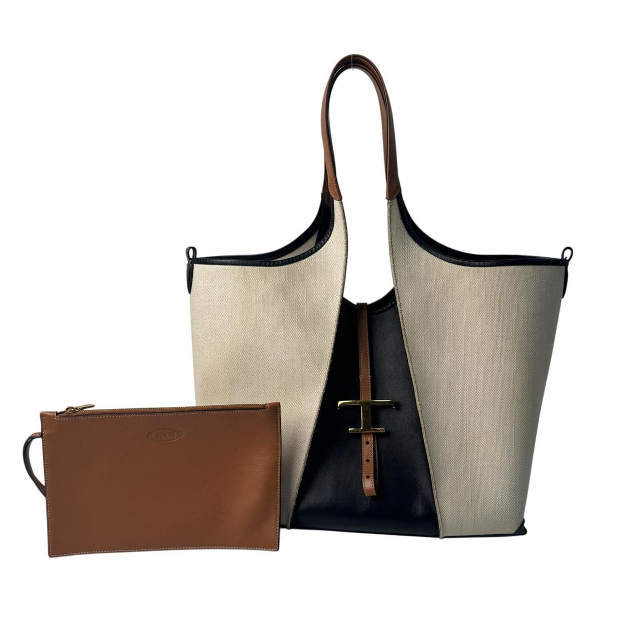 Tod's Beige Brown Canvas Leather Pouch Shopping Bag Tote Bag (Pre-Owned)