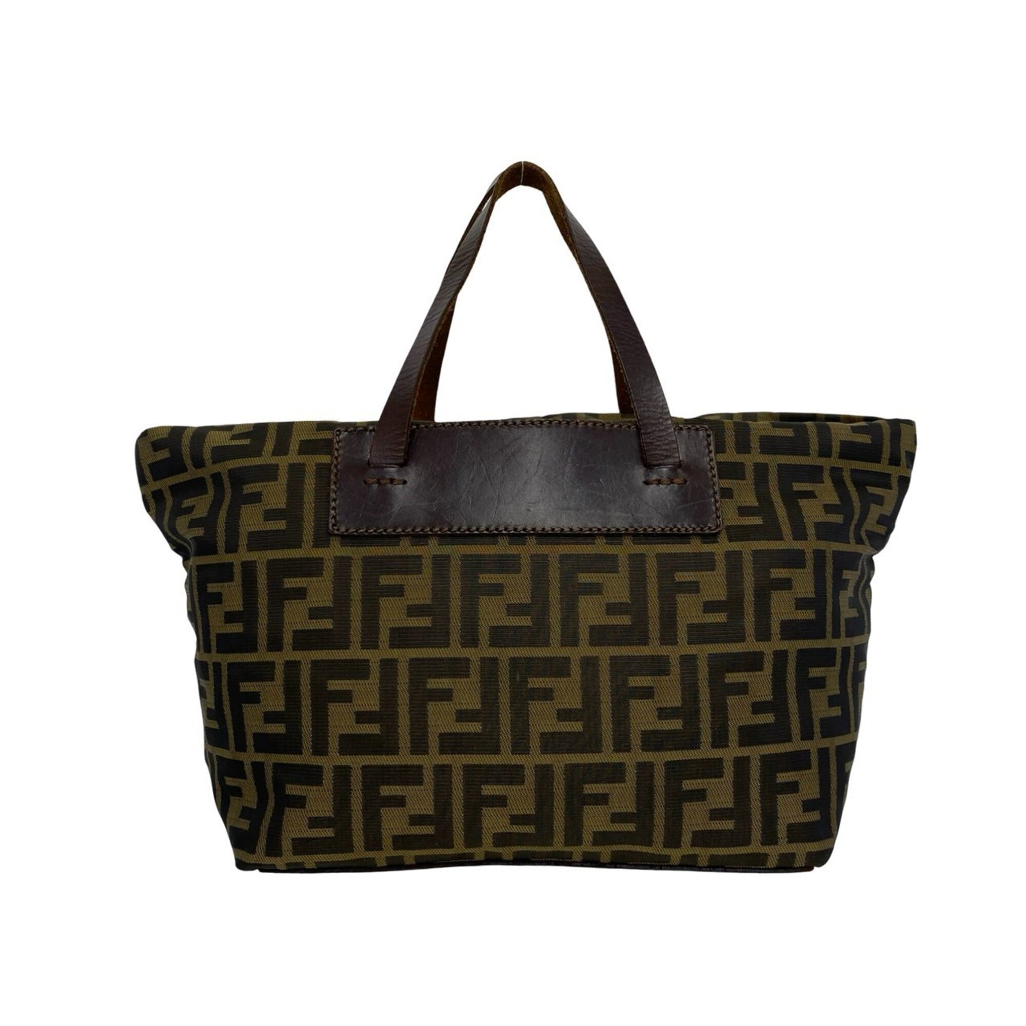 Fendi Black Brown Khaki Nylon Leather Handbag Tote Bag (Pre-Owned)