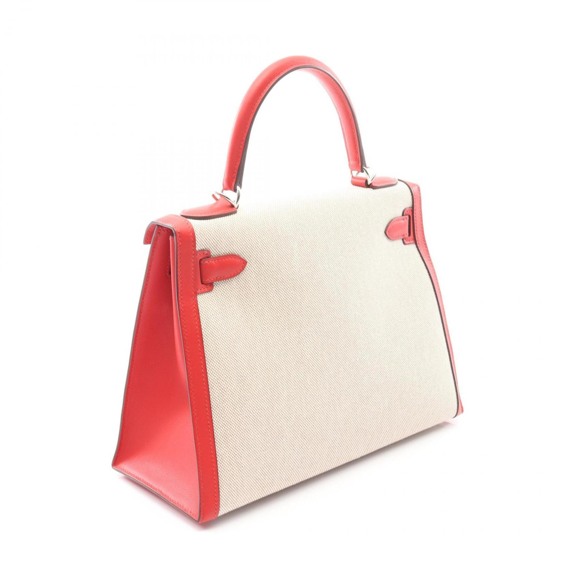 Hermes Beige Ecru Red Color Canvas Toile H Leather Swift Leather Handbag (Pre-Owned)