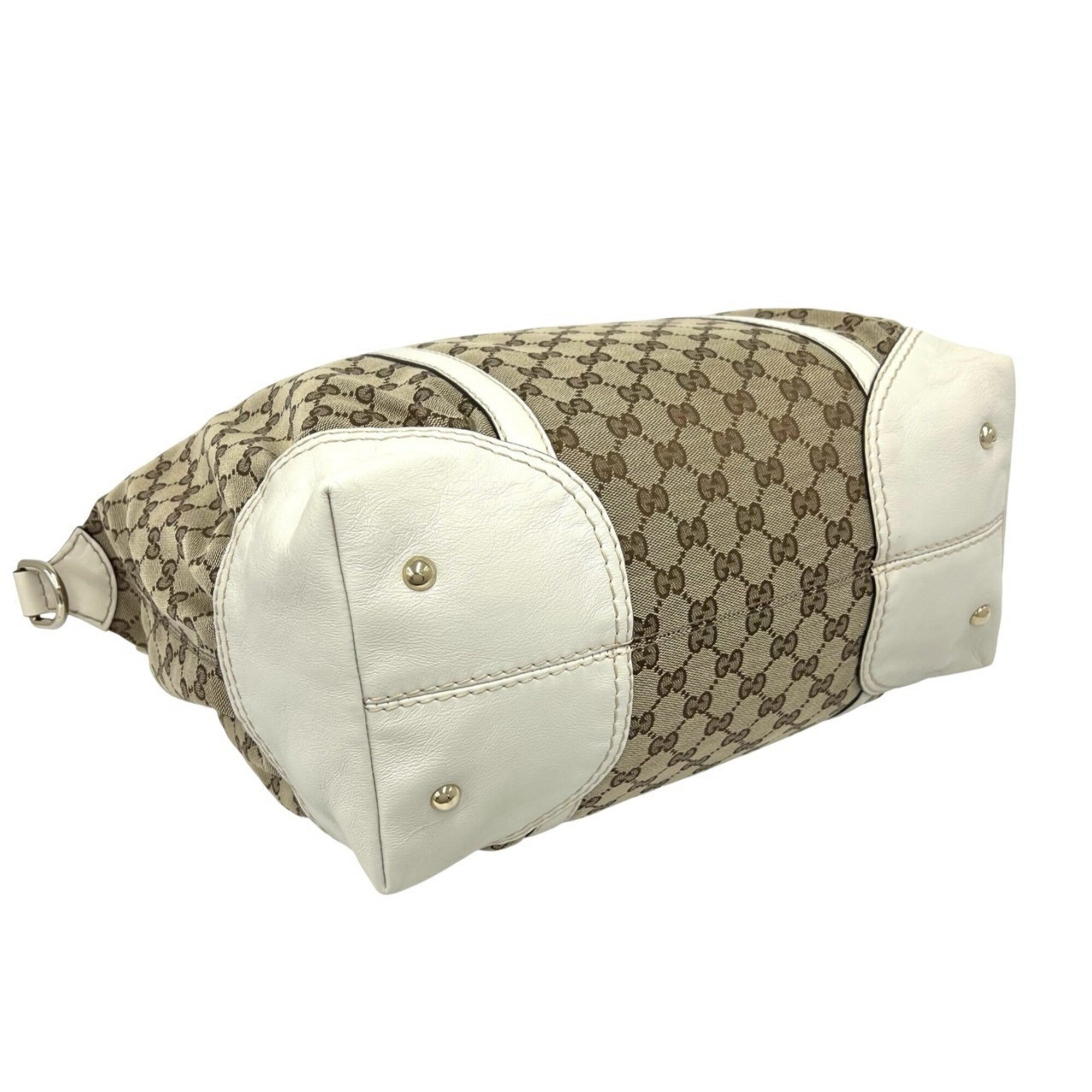 Gucci Brown White Canvas Leather Boston Bag Handbag (Pre-Owned)