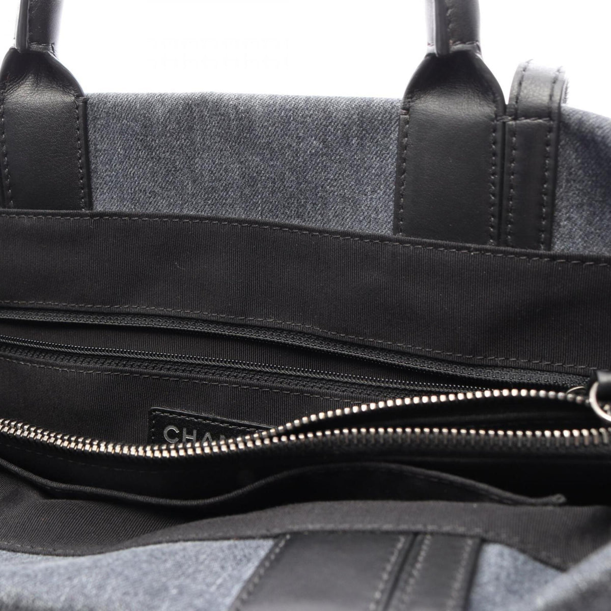Chanel Black Navy Denim Leather Handbag Tote Bag (Pre-Owned)