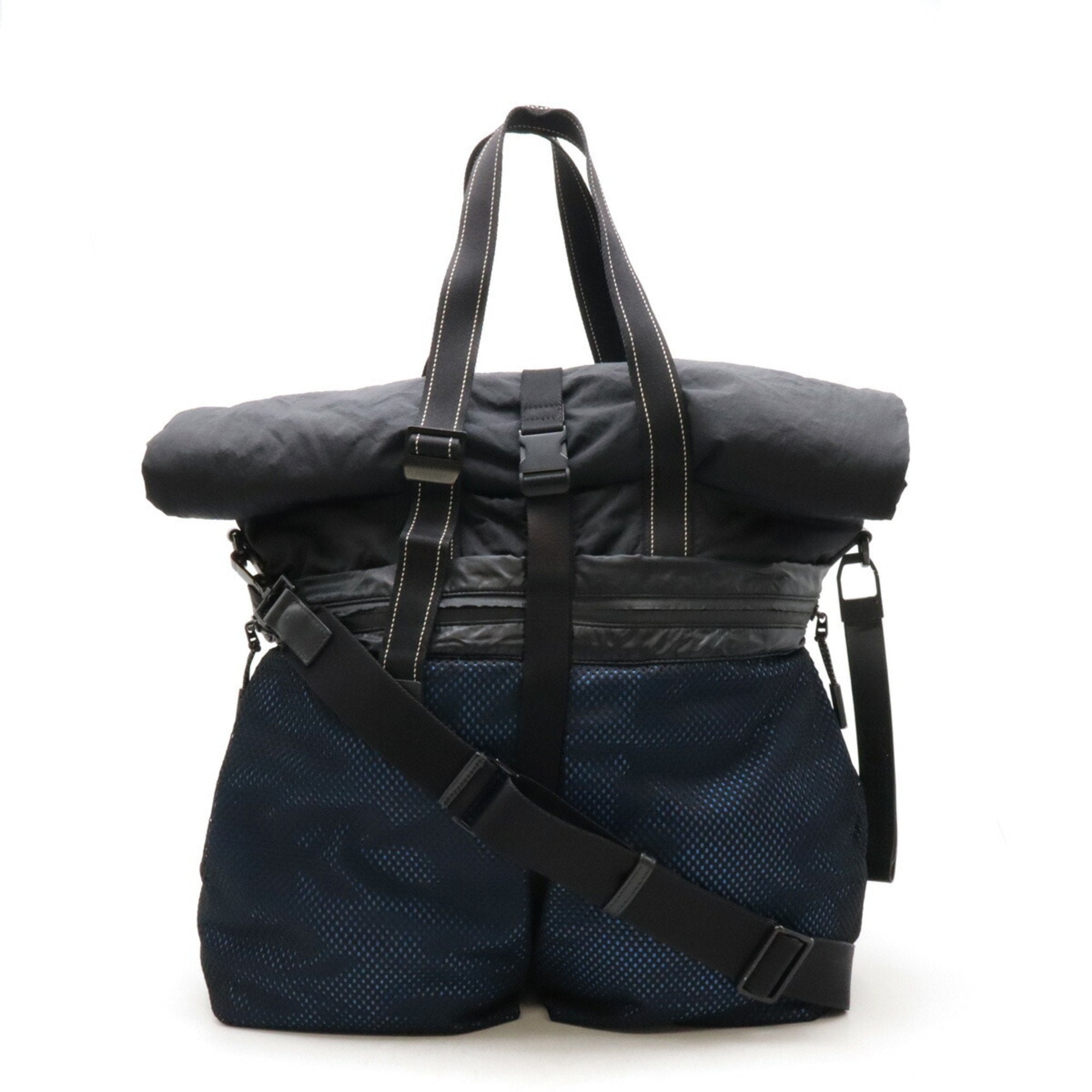 Bottega Veneta Black Blue Nylon Leather Shoulder Bag Tote Bag (Pre-Owned)