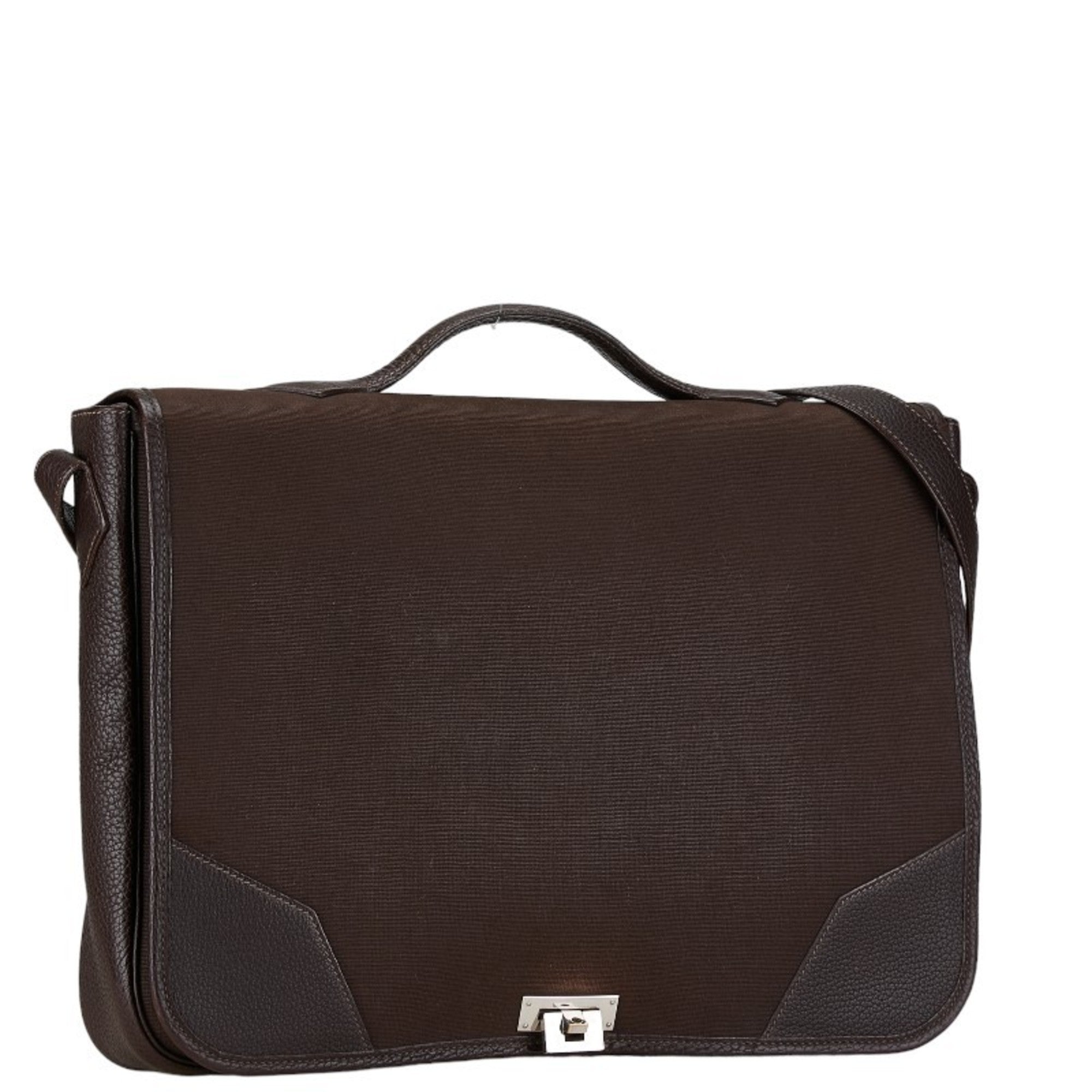 Hermes Brown Canvas Leather Handbag Shoulder Bag (Pre-Owned)