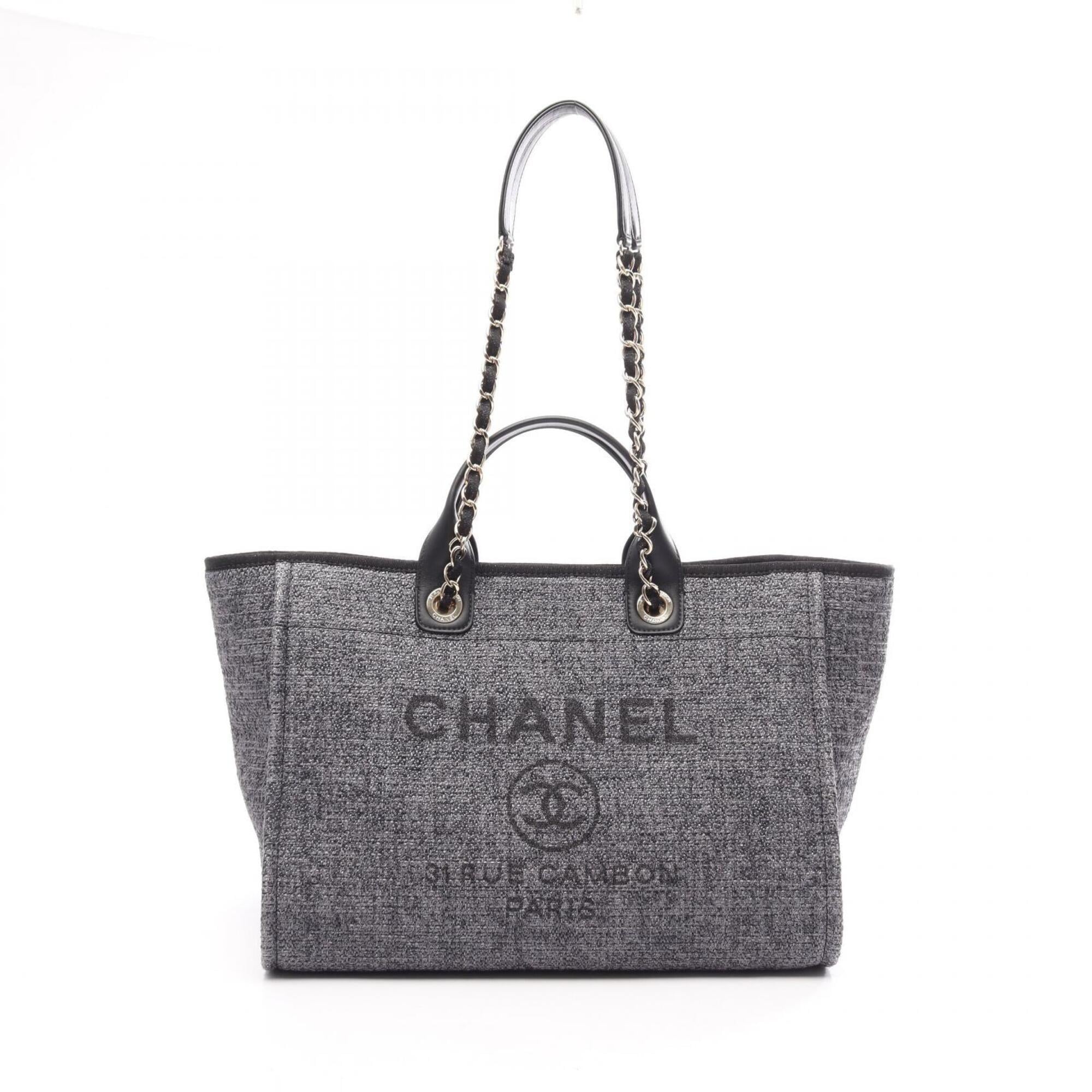 Chanel Black Gray Canvas Leather Handbag Tote Bag (Pre-Owned)