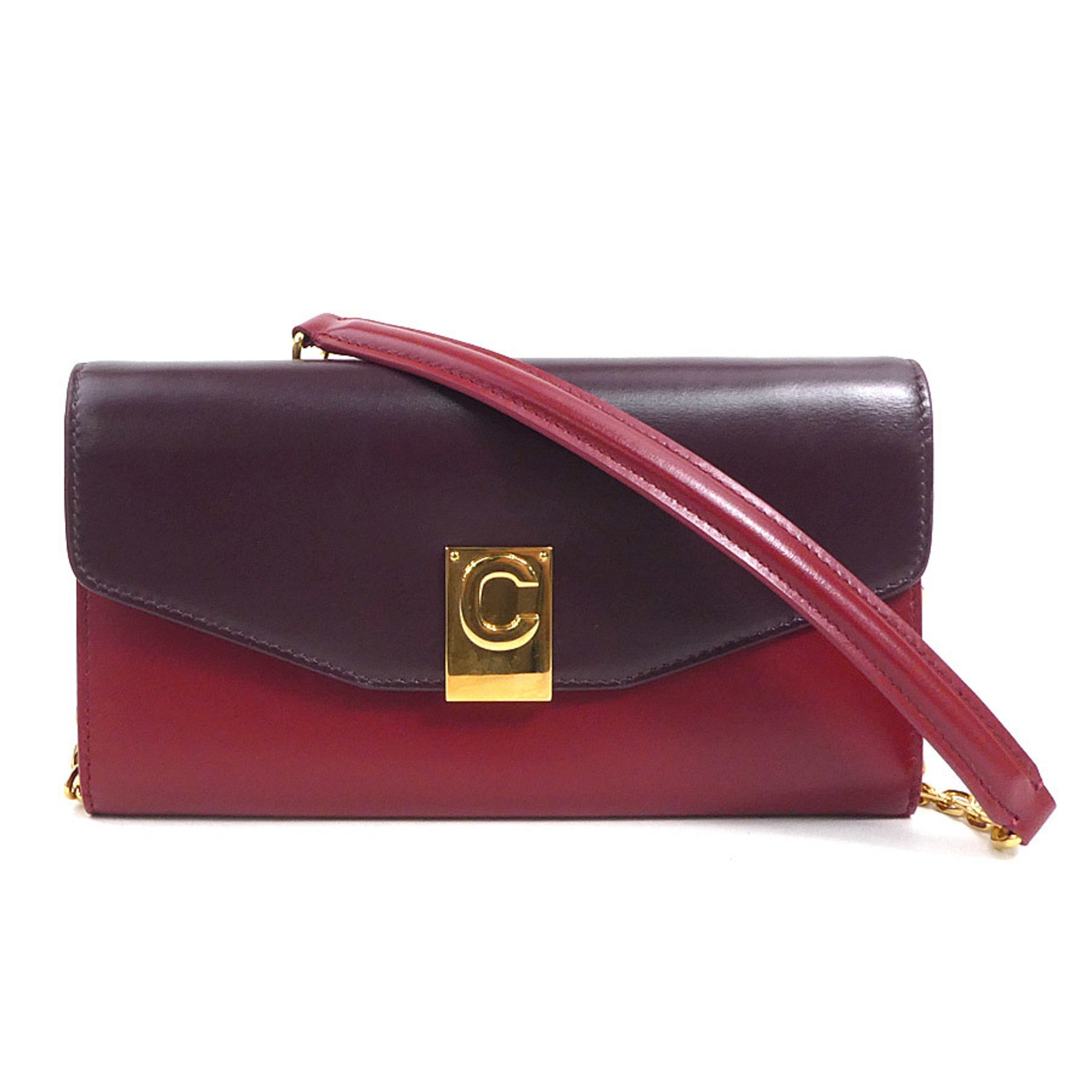 Celine Bordeaux Red Color Leather Chain/Shoulder Wallet (Pre-Owned)