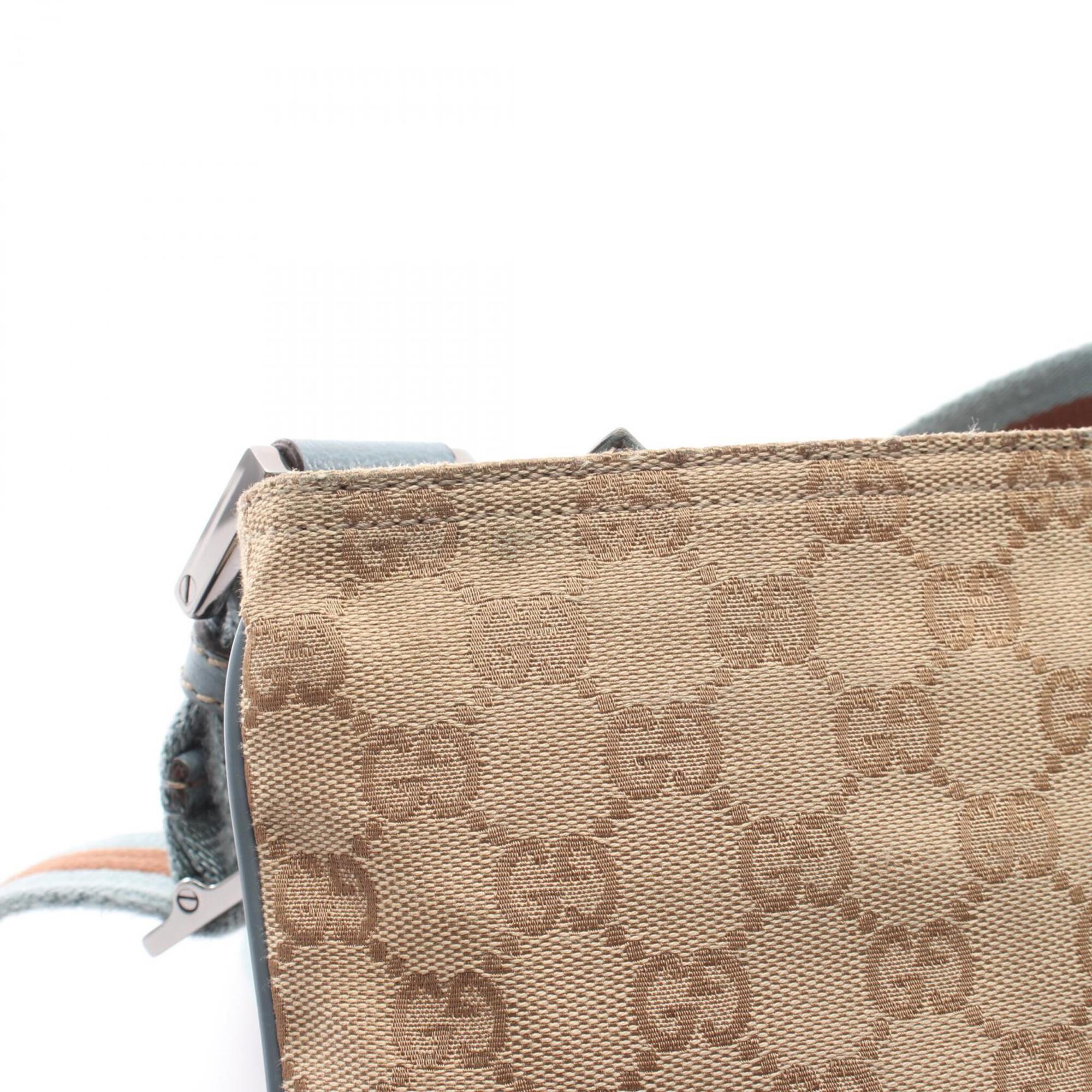 Gucci Beige Blue Brown Canvas Leather Shoulder Bag (Pre-Owned)