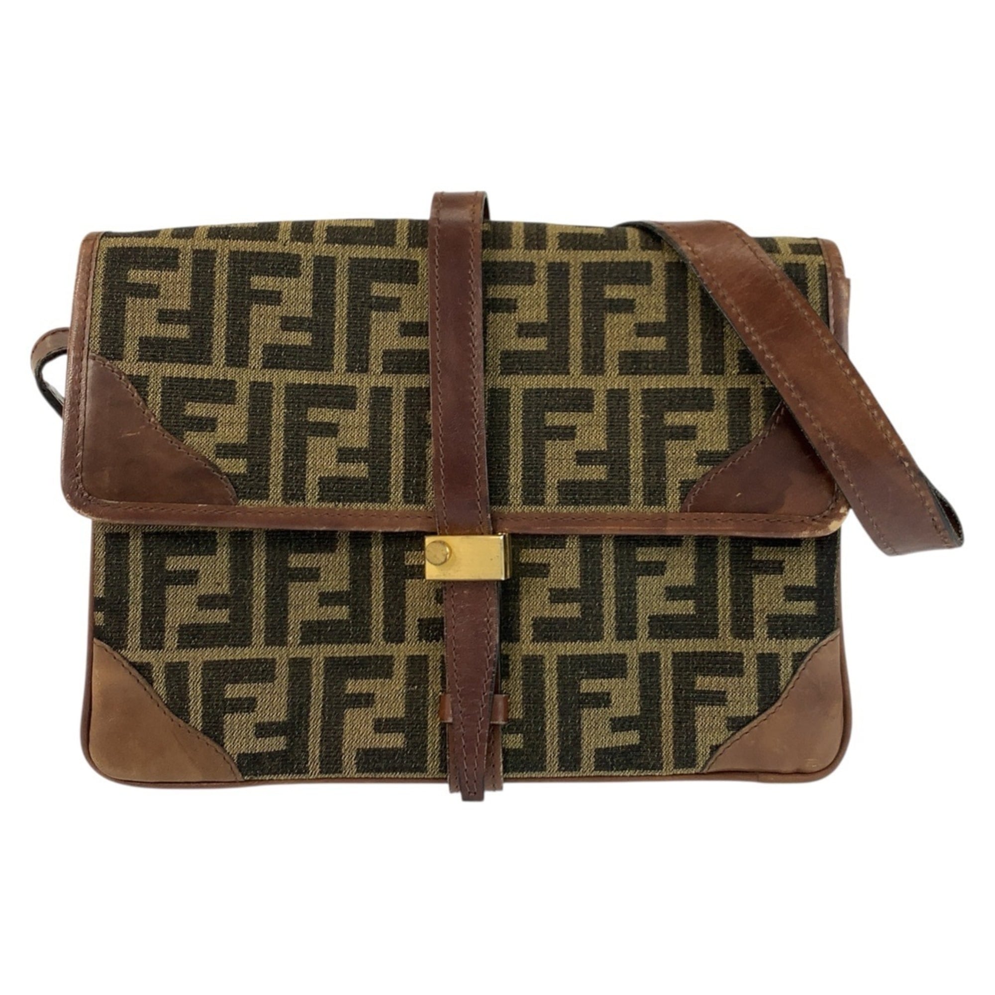 Fendi Brown Leather Canvas Pochette Shoulder Bag (Pre-Owned)