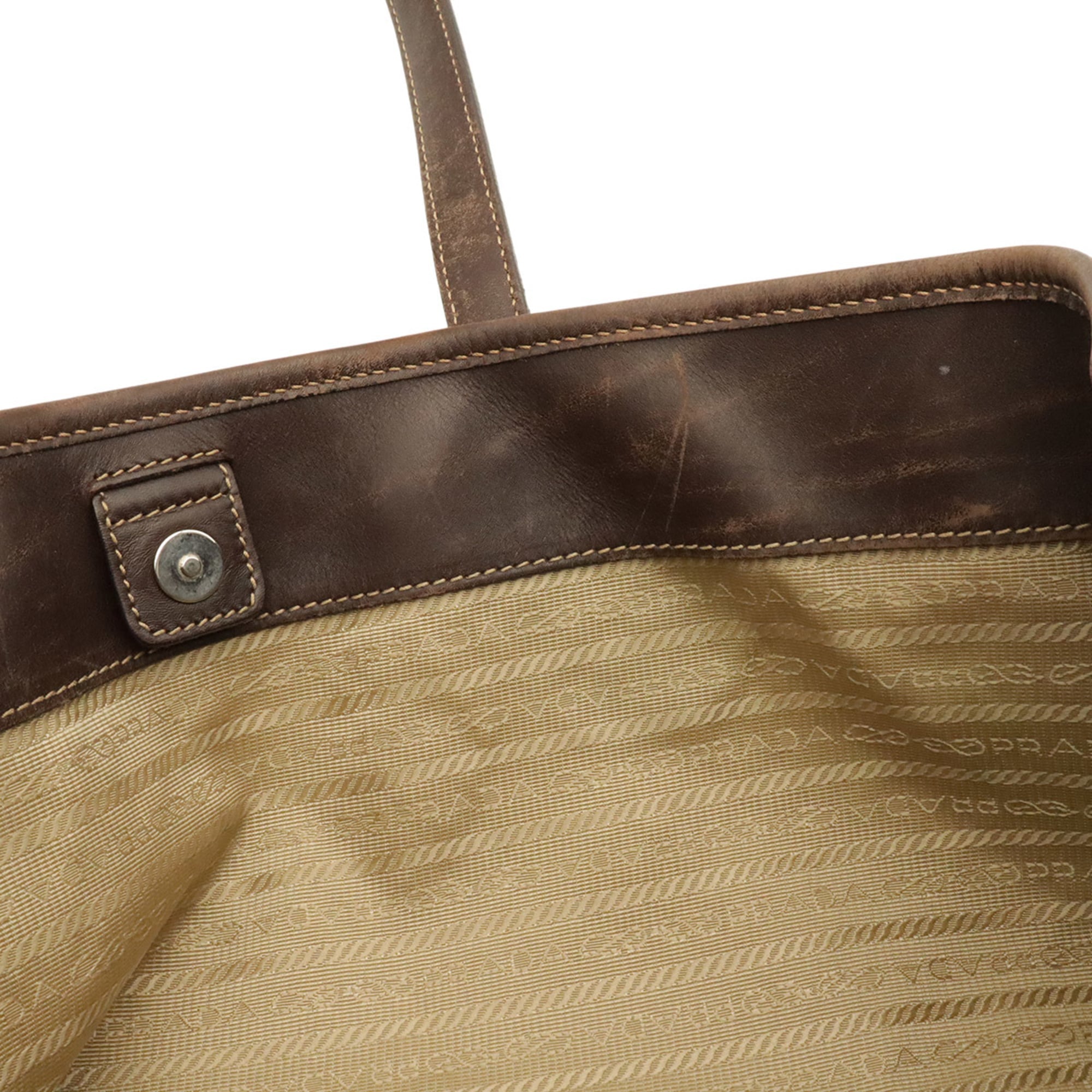 Prada Beige Dark Brown Khaki Canvas Leather Shoulder Bag Tote Bag (Pre-Owned)