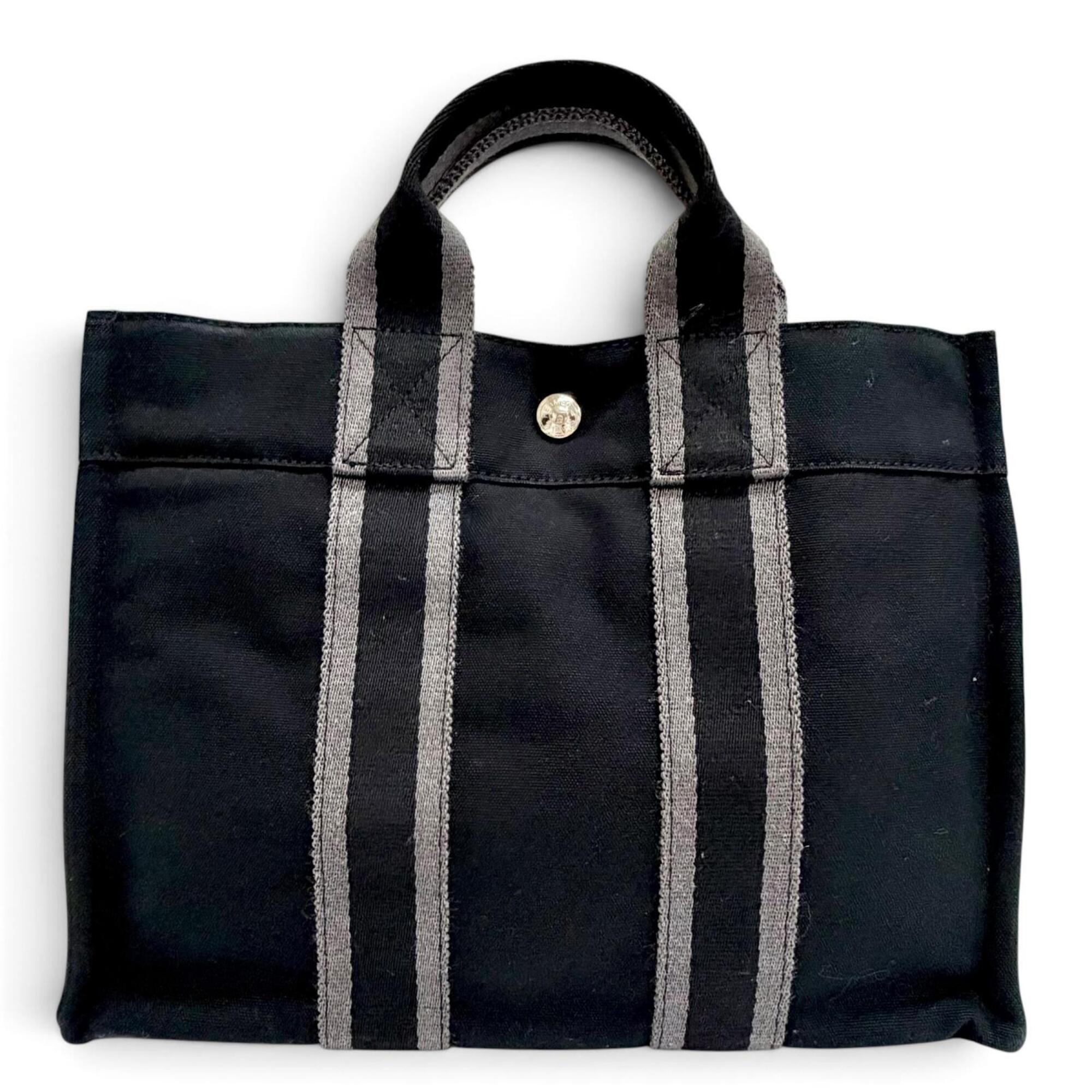 Hermes Black Gray Cotton Handbag Tote Bag (Pre-Owned)