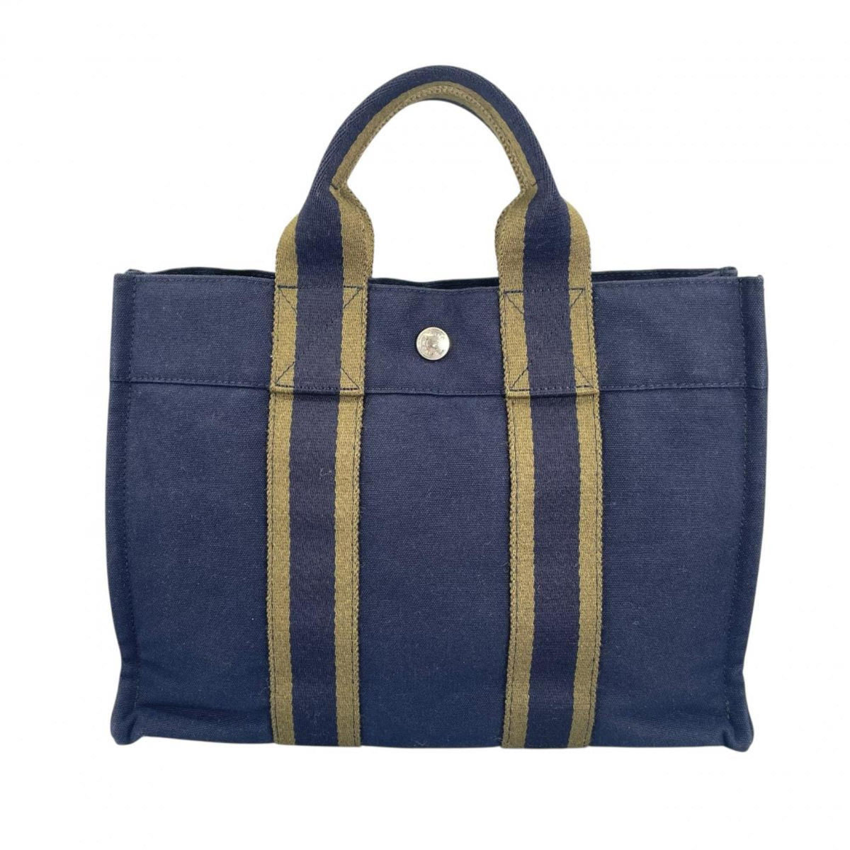 Hermes Navy Canvas Handbag Tote Bag (Pre-Owned)