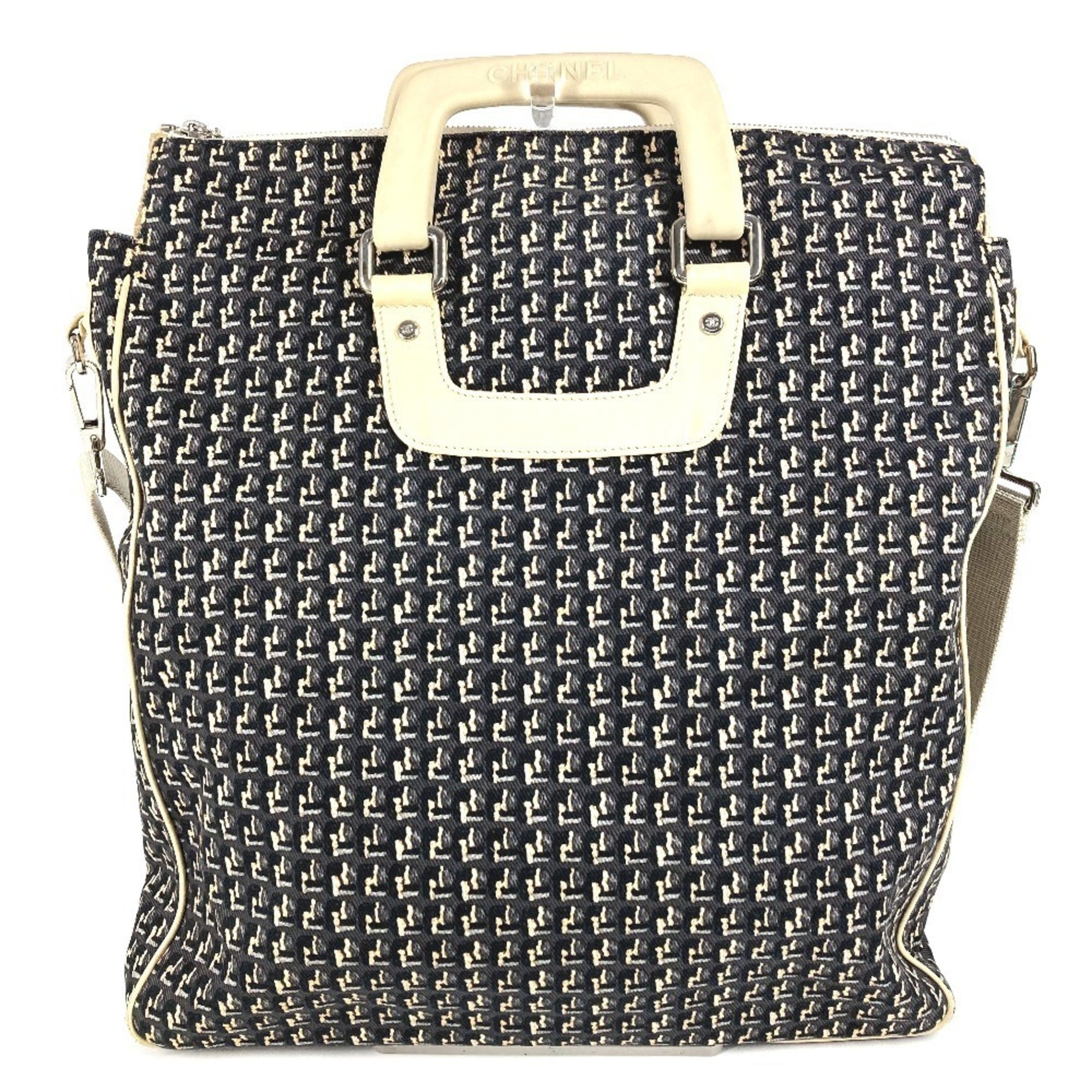 Chanel Beige Black Canvas Leather Handbag Shoulder Bag (Pre-Owned)