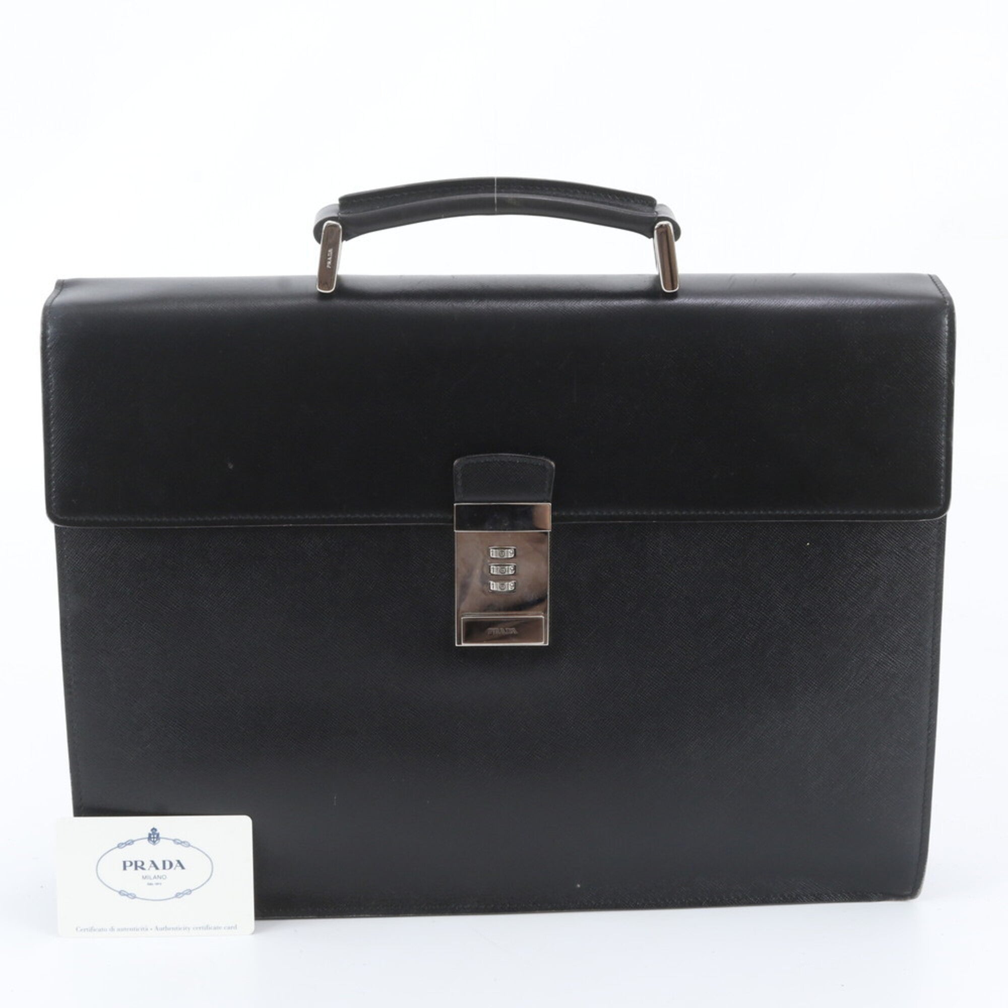 Prada Saffiano Black Leather Briefcase Tote Bag (Pre-Owned)