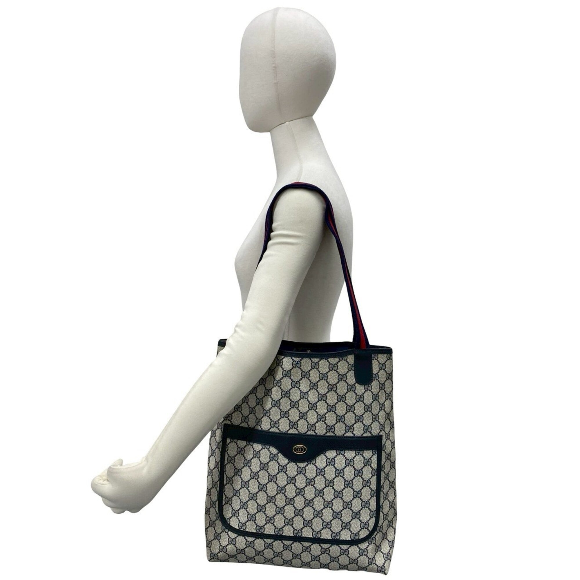 Gucci Navy Red Color Leather Pvc Shoulder Bag Tote Bag (Pre-Owned)
