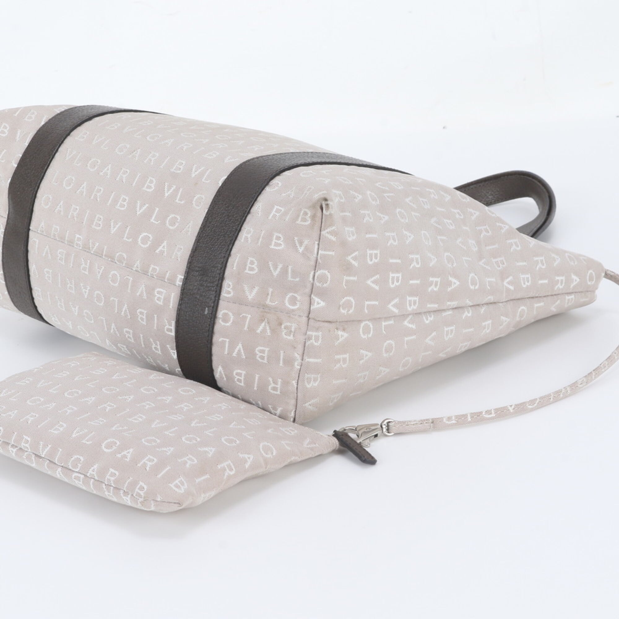 Bvlgari Beige Leather Canvas Handbag Pouch Shoulder Bag Tote Bag (Pre-Owned)