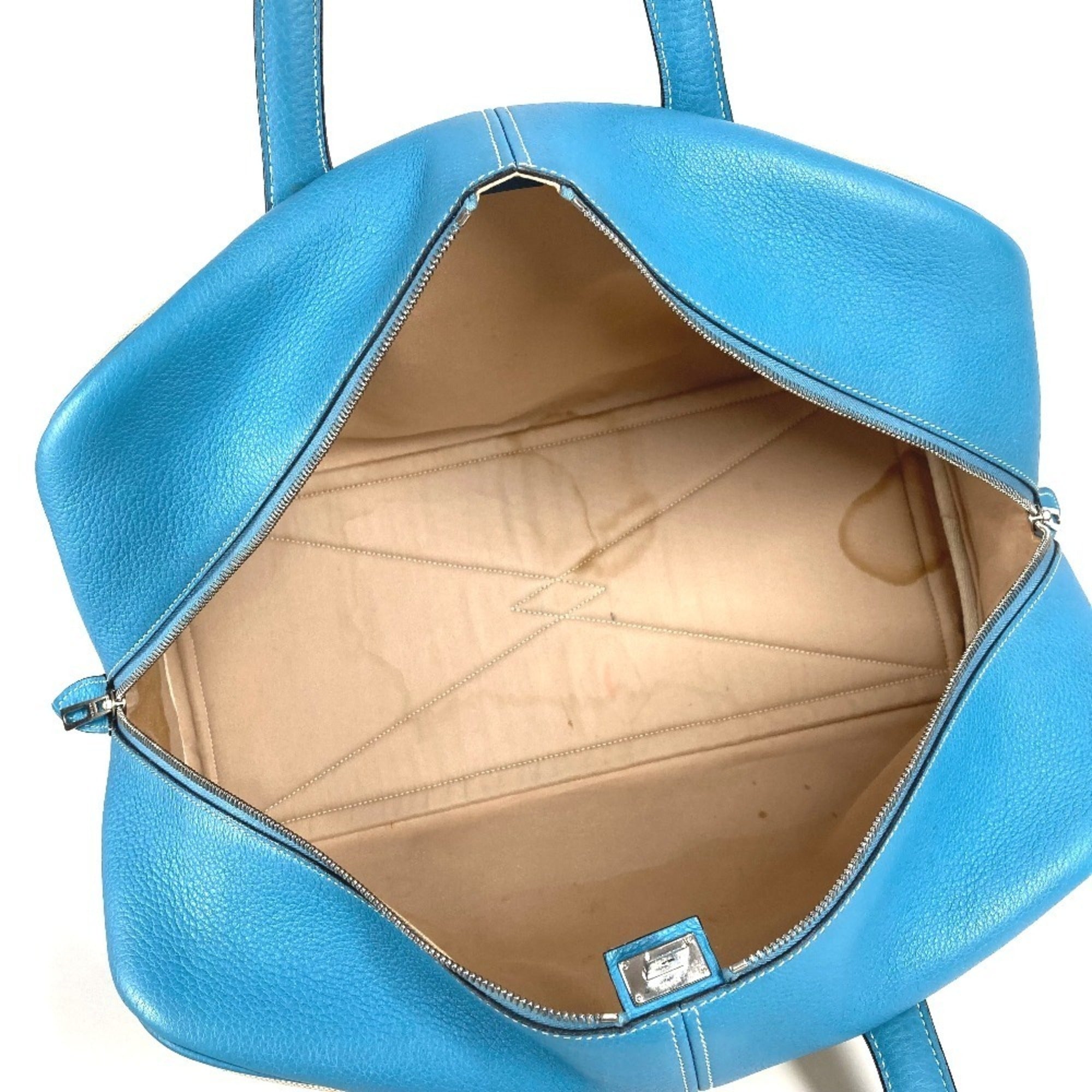 Hermes Beige Blue Toile H Leather Boston Bag Shoulder Bag (Pre-Owned)