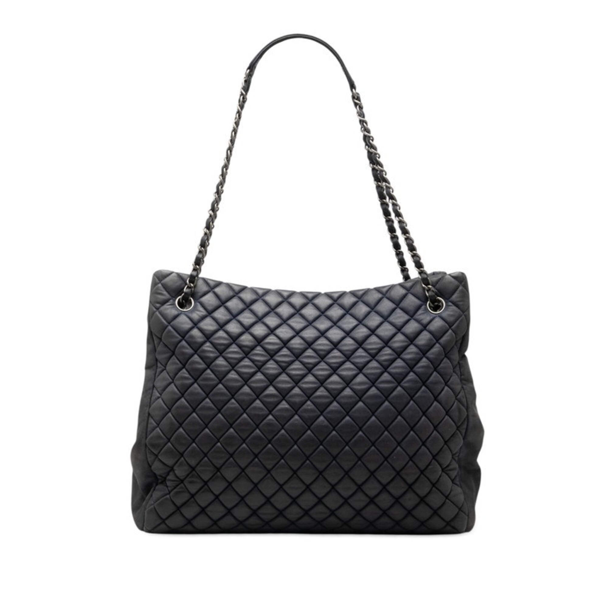 Chanel Navy Silver Leather Shoulder Bag Tote Bag (Pre-Owned)