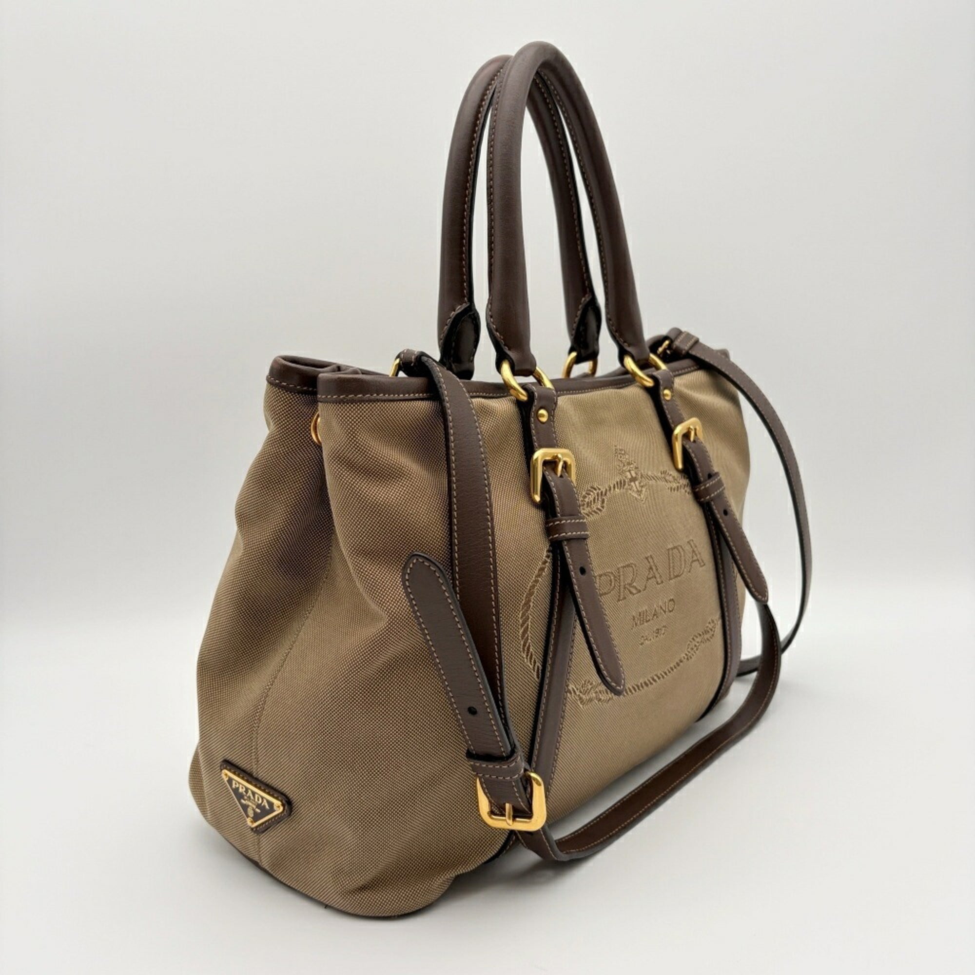 Prada Beige Dark Brown Canvas Leather Tote Bag (Pre-Owned)