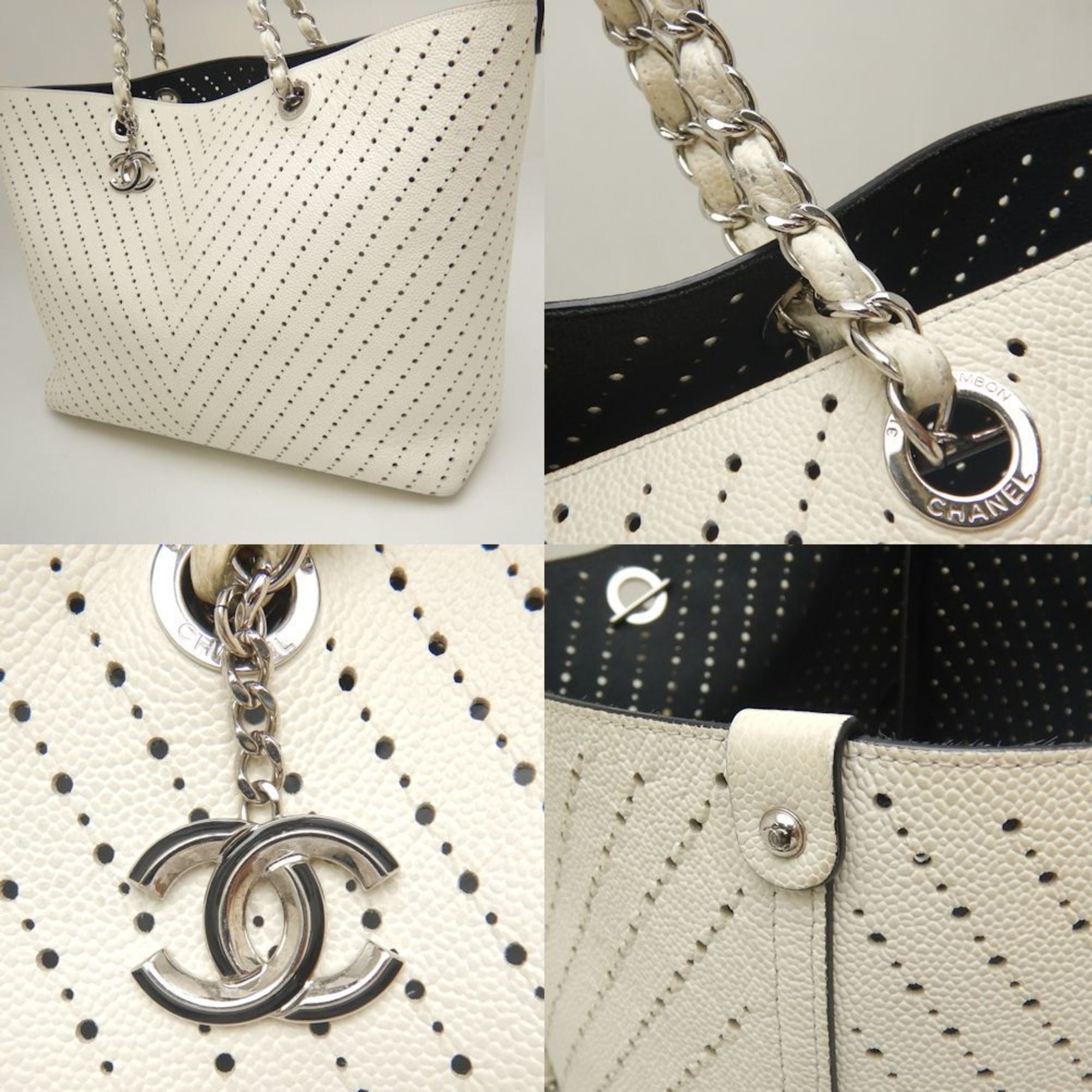Chanel Gray Ivory Caviar Leather Pouch Tote Bag (Pre-Owned)