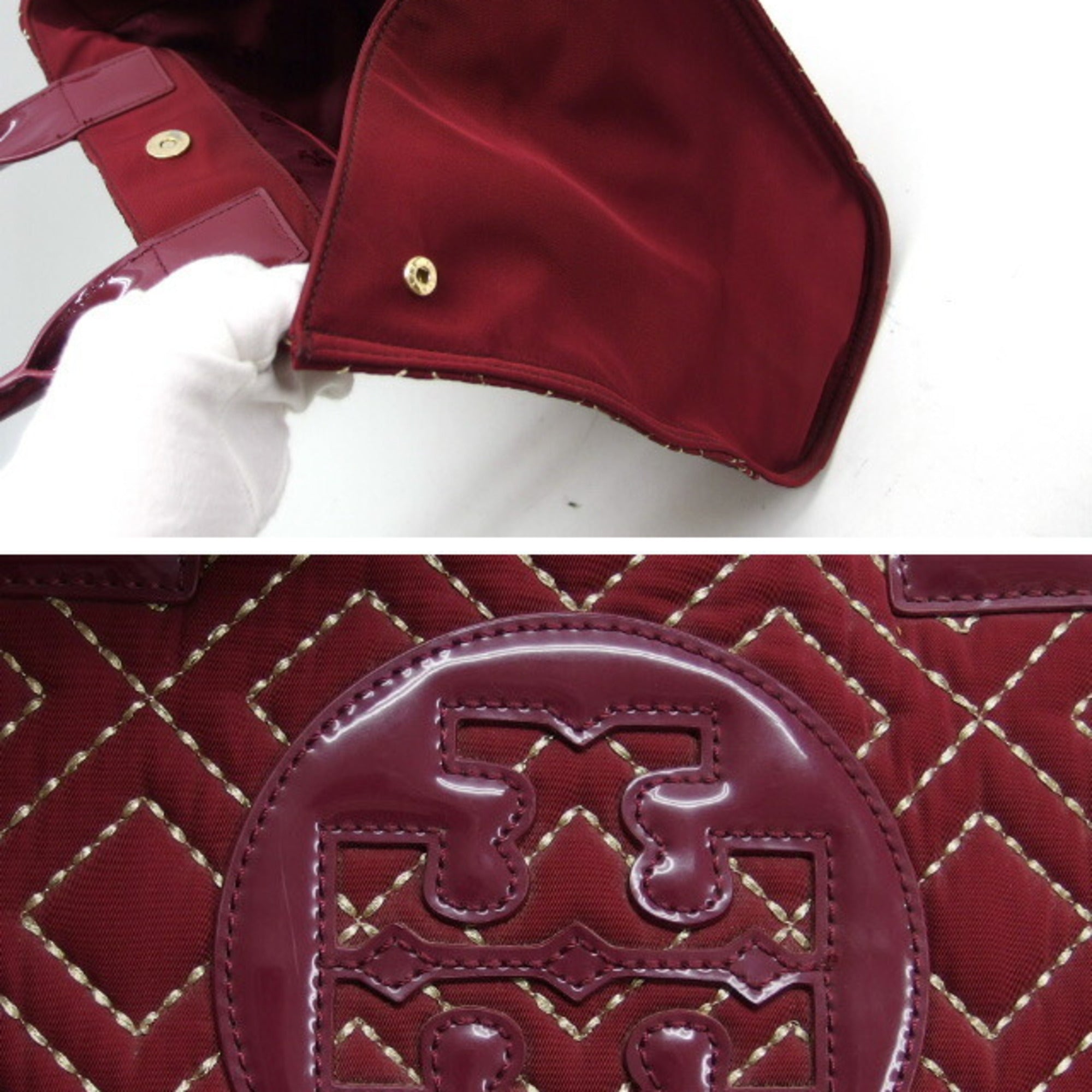 Tory Burch Bordeaux Red Color Nylon Patent Leather Leather Shoulder Bag Tote Bag (Pre-Owned)