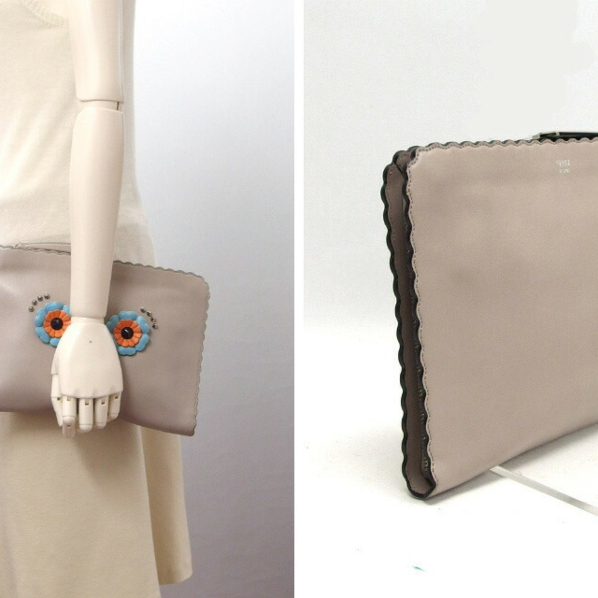 Fendi Beige Light Blue Orange Leather Clutch Bag Pouch (Pre-Owned)