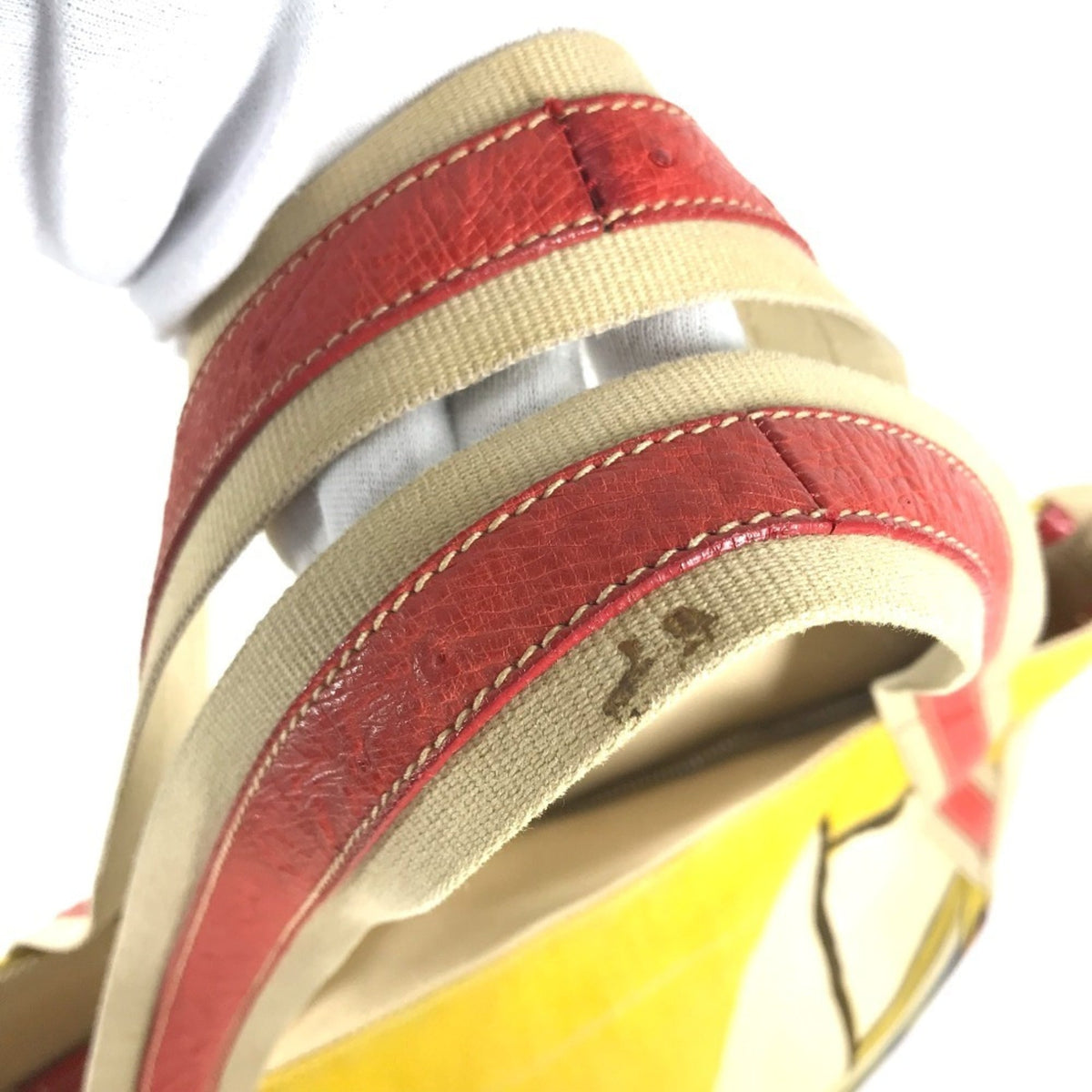 Prada Beige Red Color Yellow Leather Canvas Shoulder Bag Tote Bag (Pre-Owned)