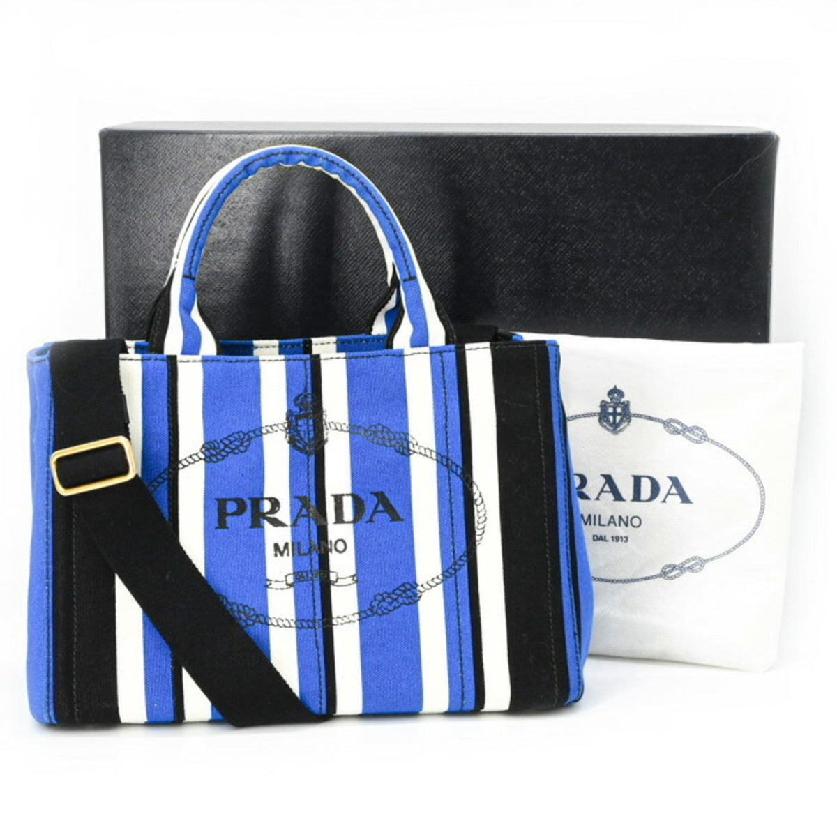 Prada Black Blue White Canvas Handbag (Pre-Owned)