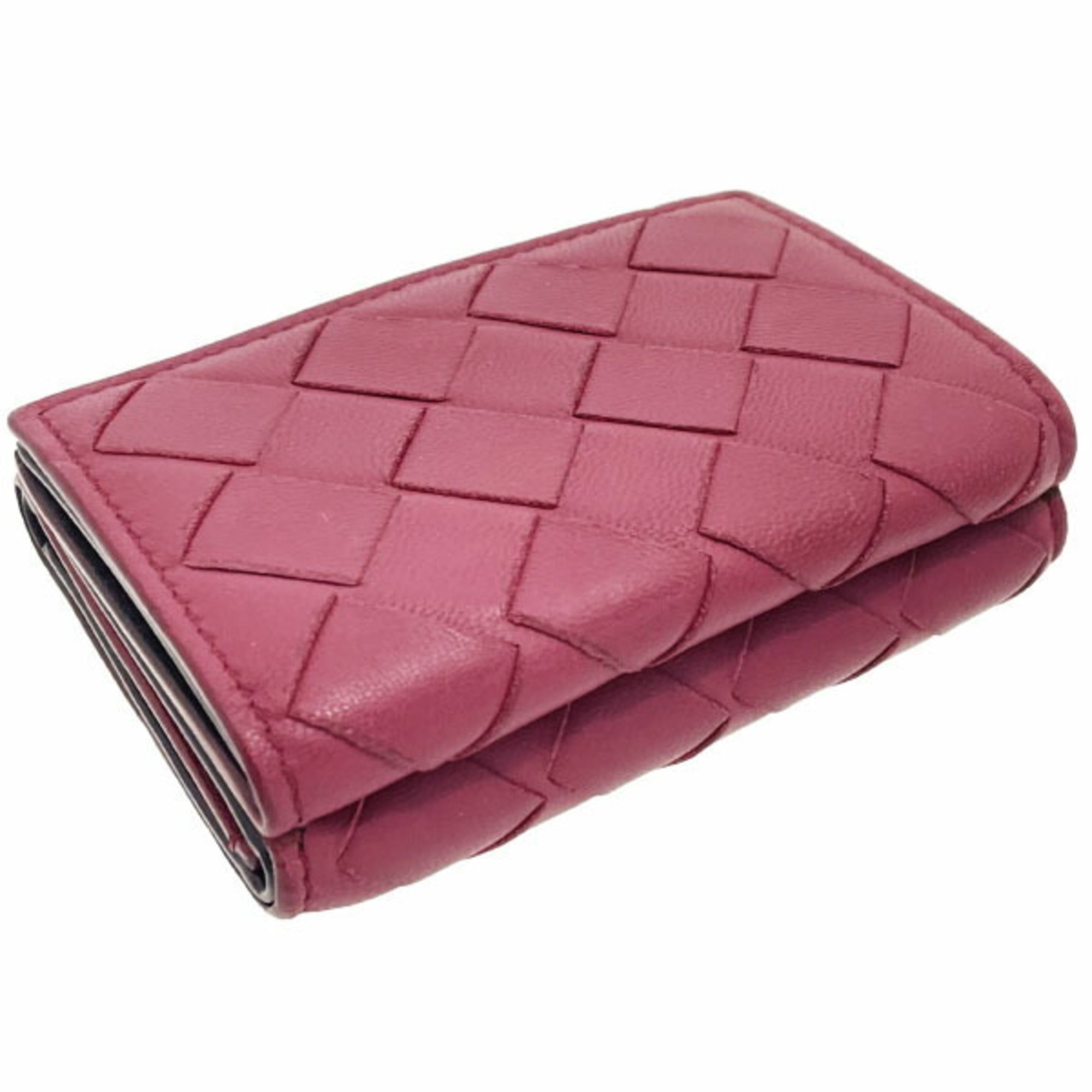 Bottega Veneta Red Color Wine Intrecciato Wallet (Tri-Fold) (Pre-Owned)