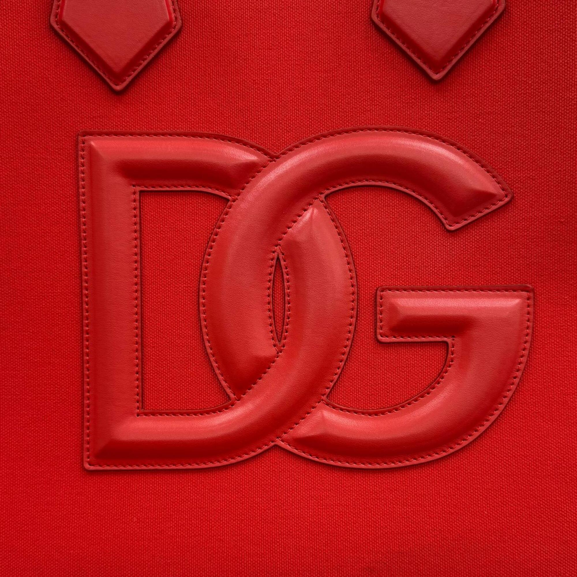 Dolce & Gabbana Red Color Leather Canvas Tote Bag (Pre-Owned)