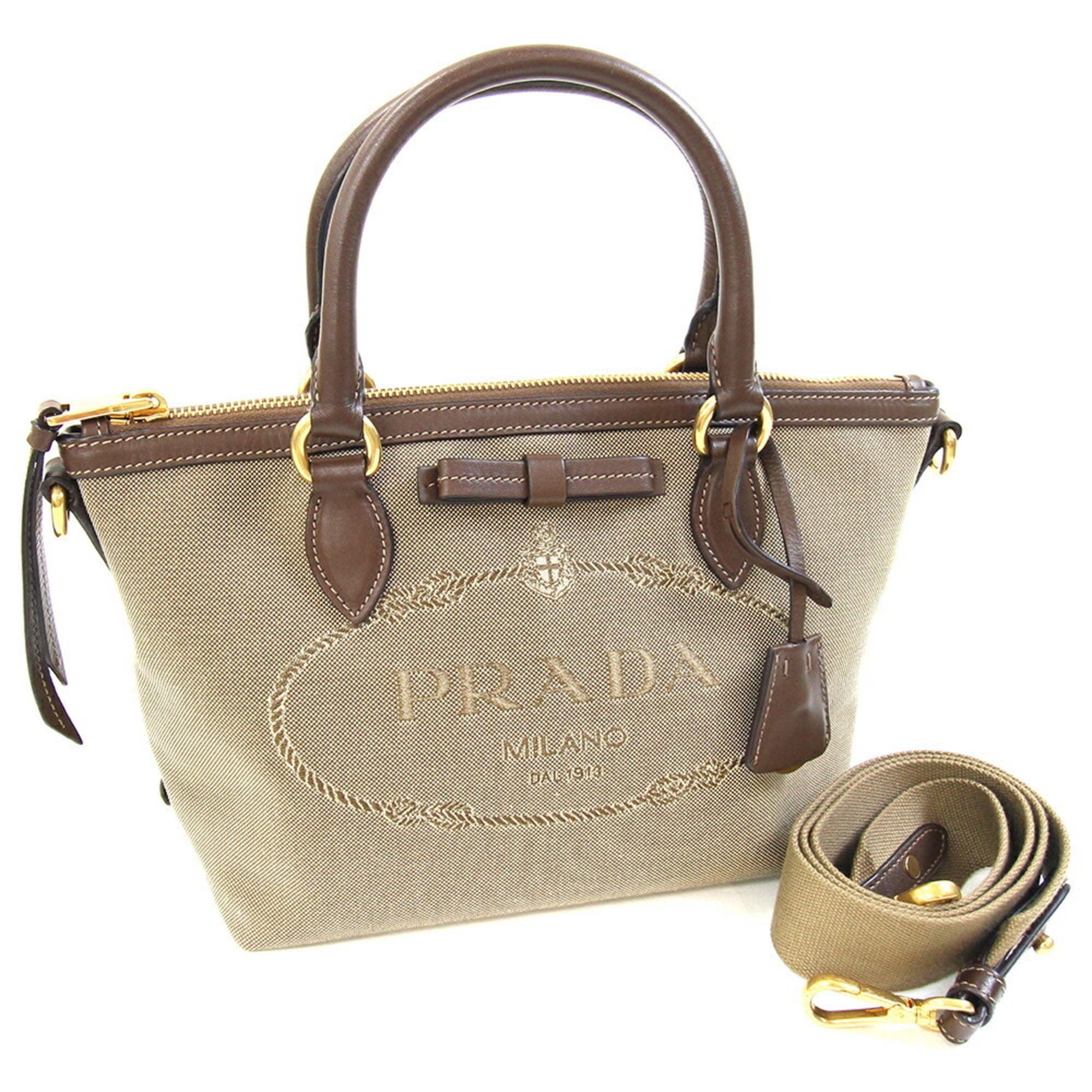 Prada Beige Beige Brown Brown Canvas Leather Handbag (Pre-Owned)