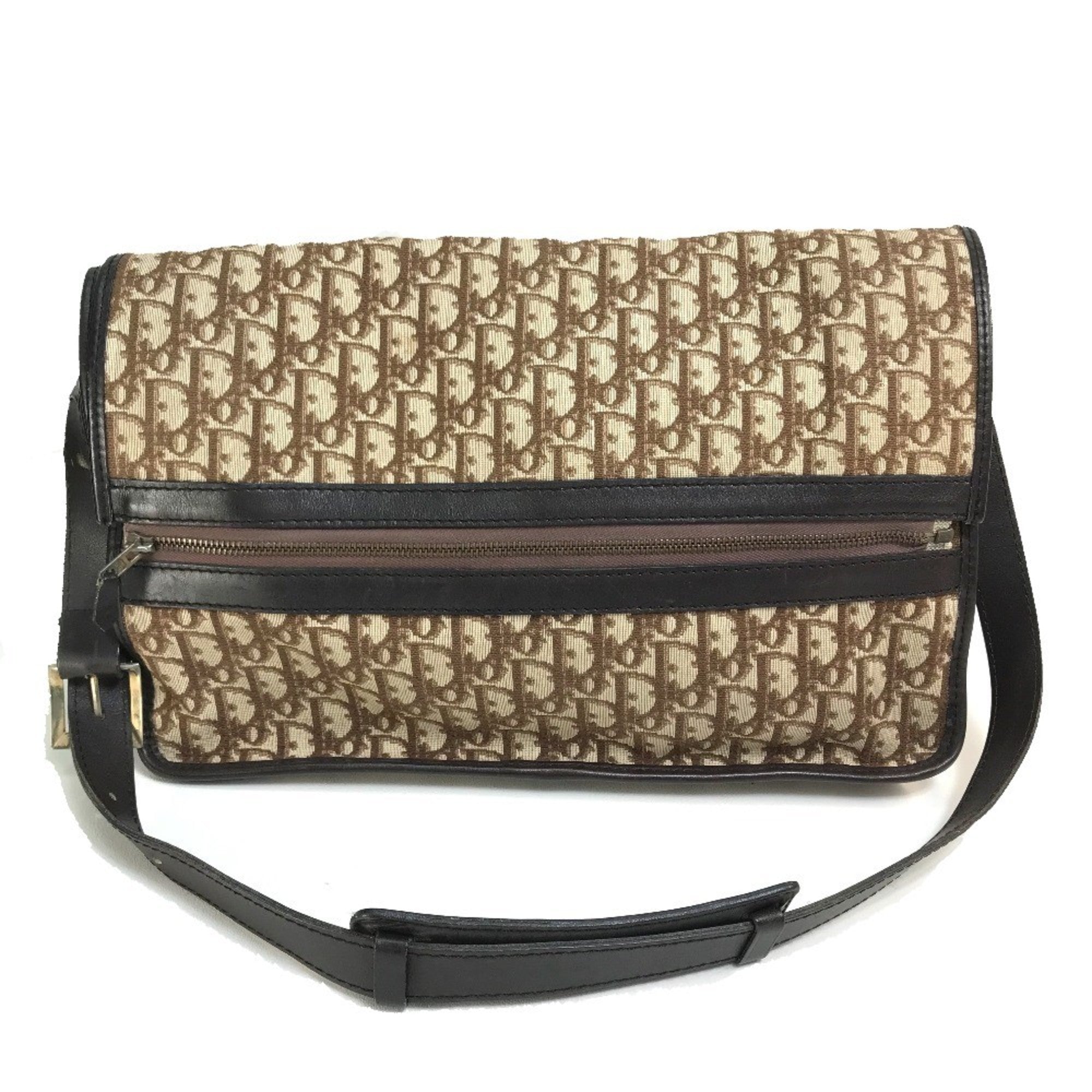 Christian Dior Beige Brown Leather Canvas Shoulder Bag (Pre-Owned)