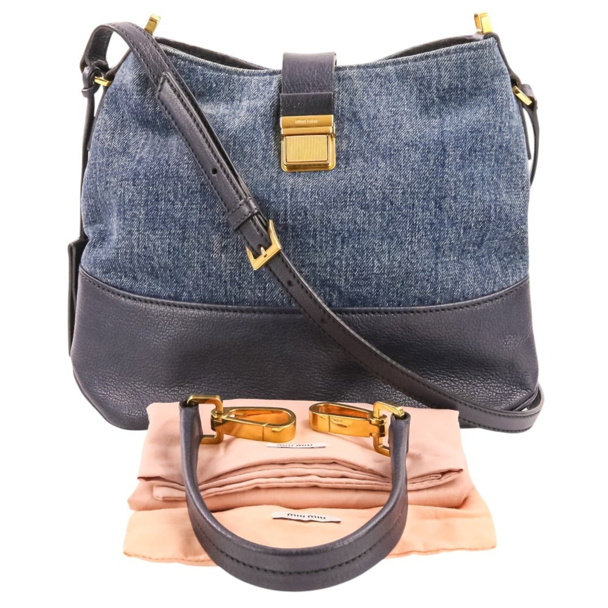 Miu Miu Navy Leather Denim Tote Bag (Pre-Owned)
