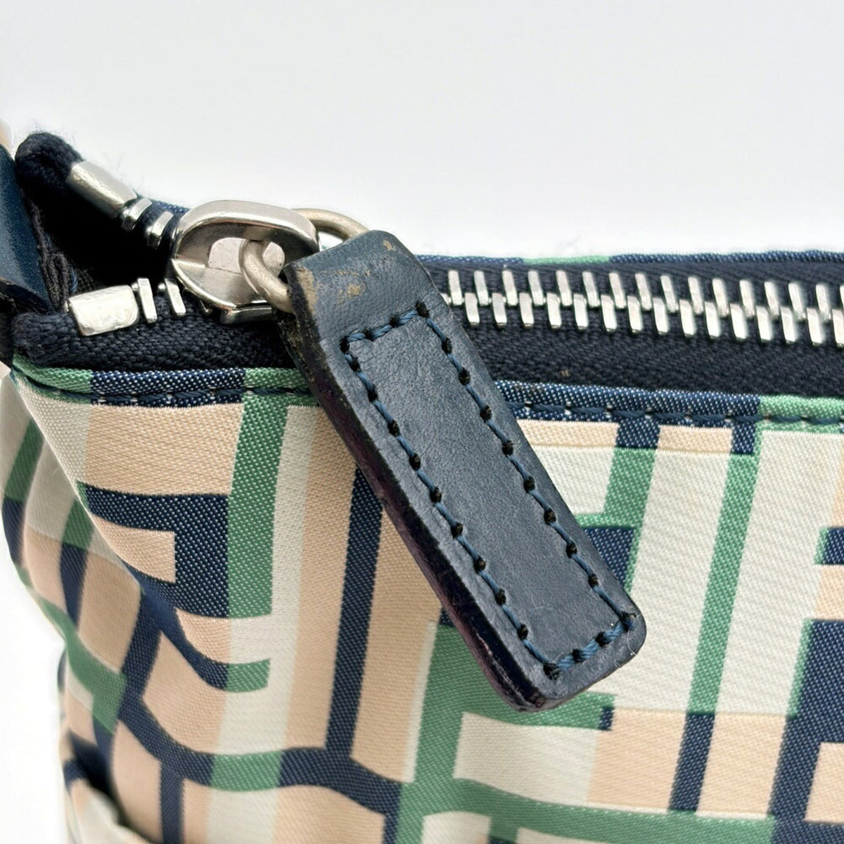 Fendi Beige Green Ivory Navy Zucca Nylon Canvas Leather Shoulder Bag (Pre-Owned)