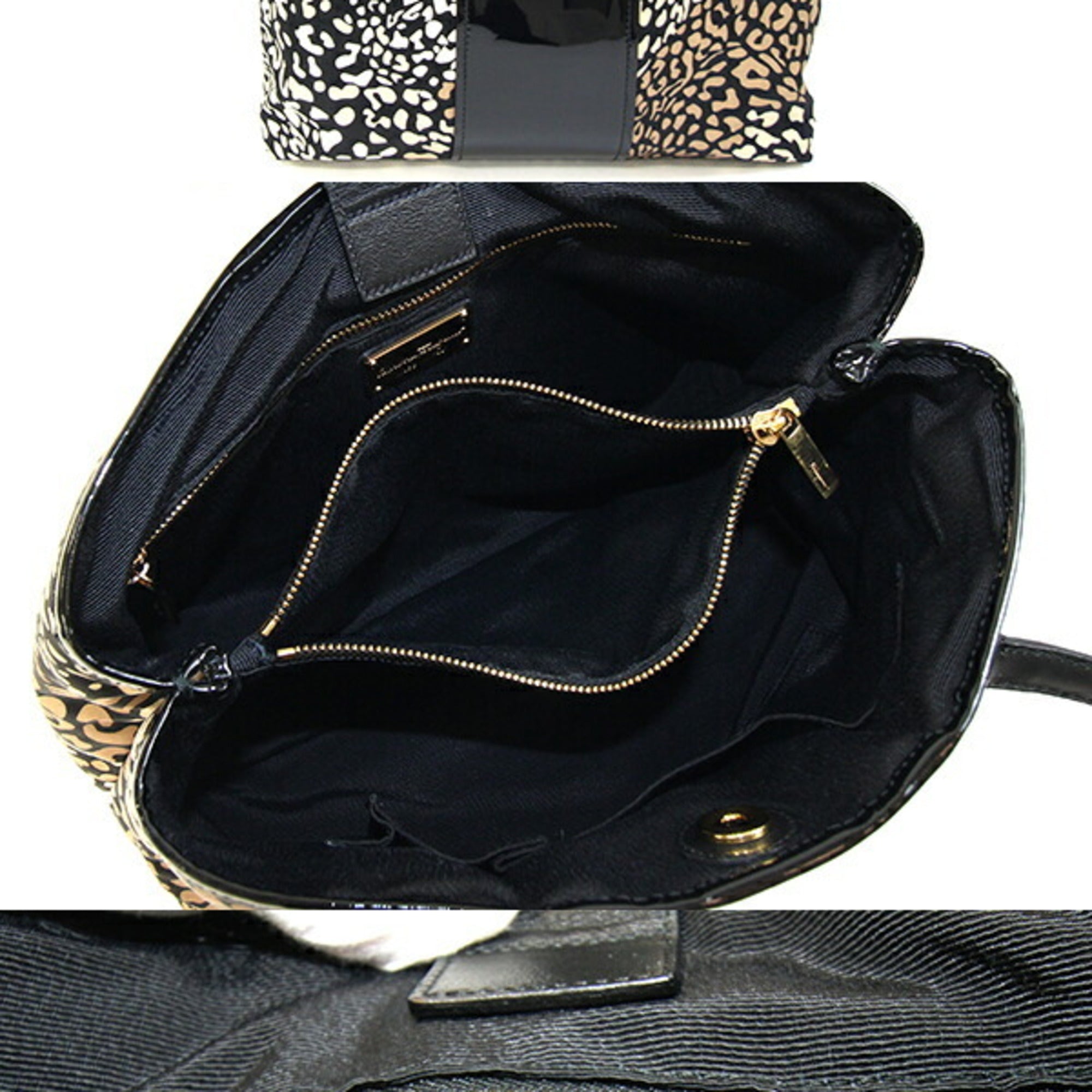 Salvatore Ferragamo Beige Black Nylon Leather Tote Bag (Pre-Owned)