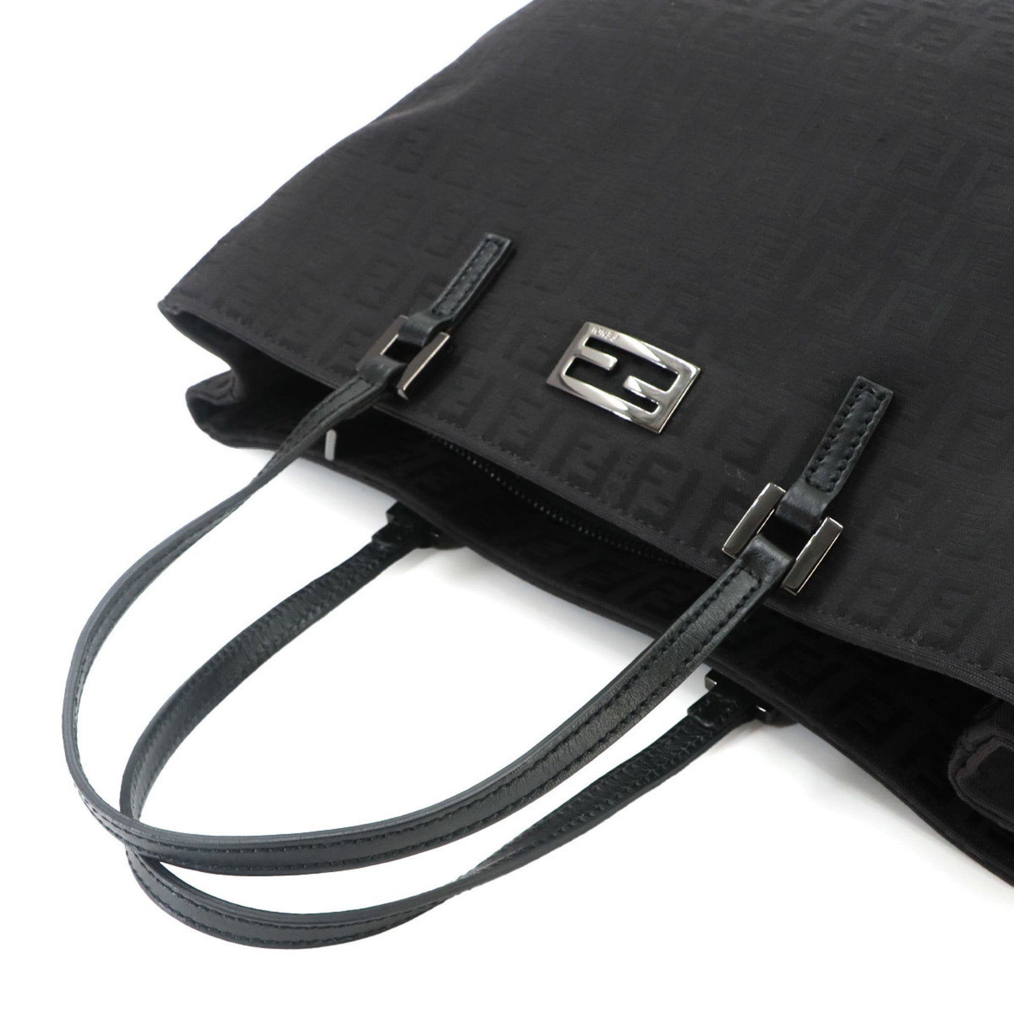 Fendi Zucchino Black Canvas Leather Handbag Tote Bag (Pre-Owned)