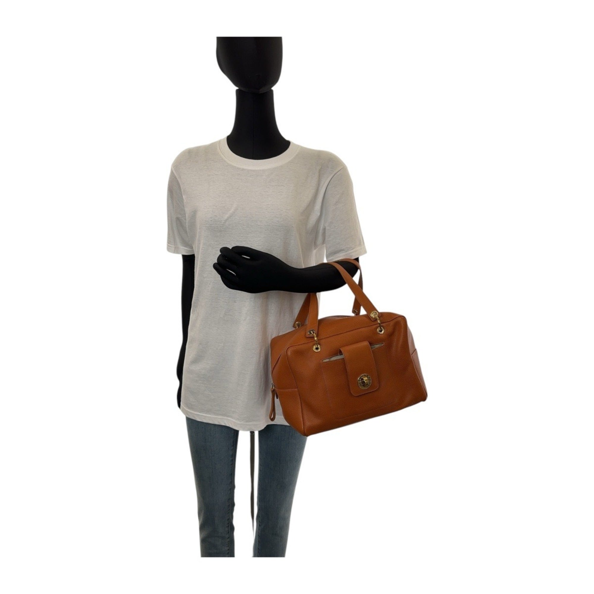 Bvlgari Bvlgari Bvlgari Brown Leather Boston Bag Handbag (Pre-Owned)