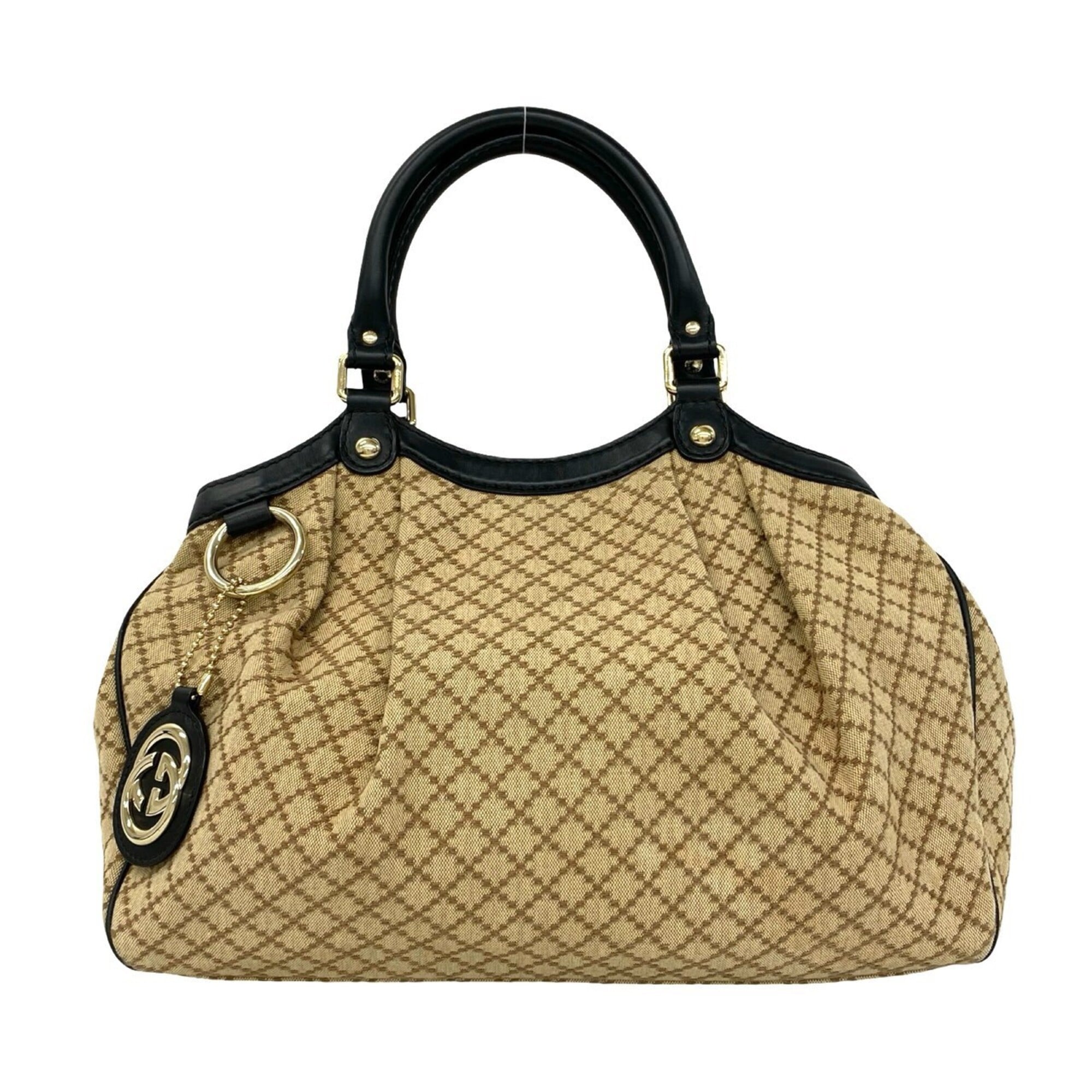 Gucci Beige Black Canvas Leather Handbag Tote Bag (Pre-Owned)