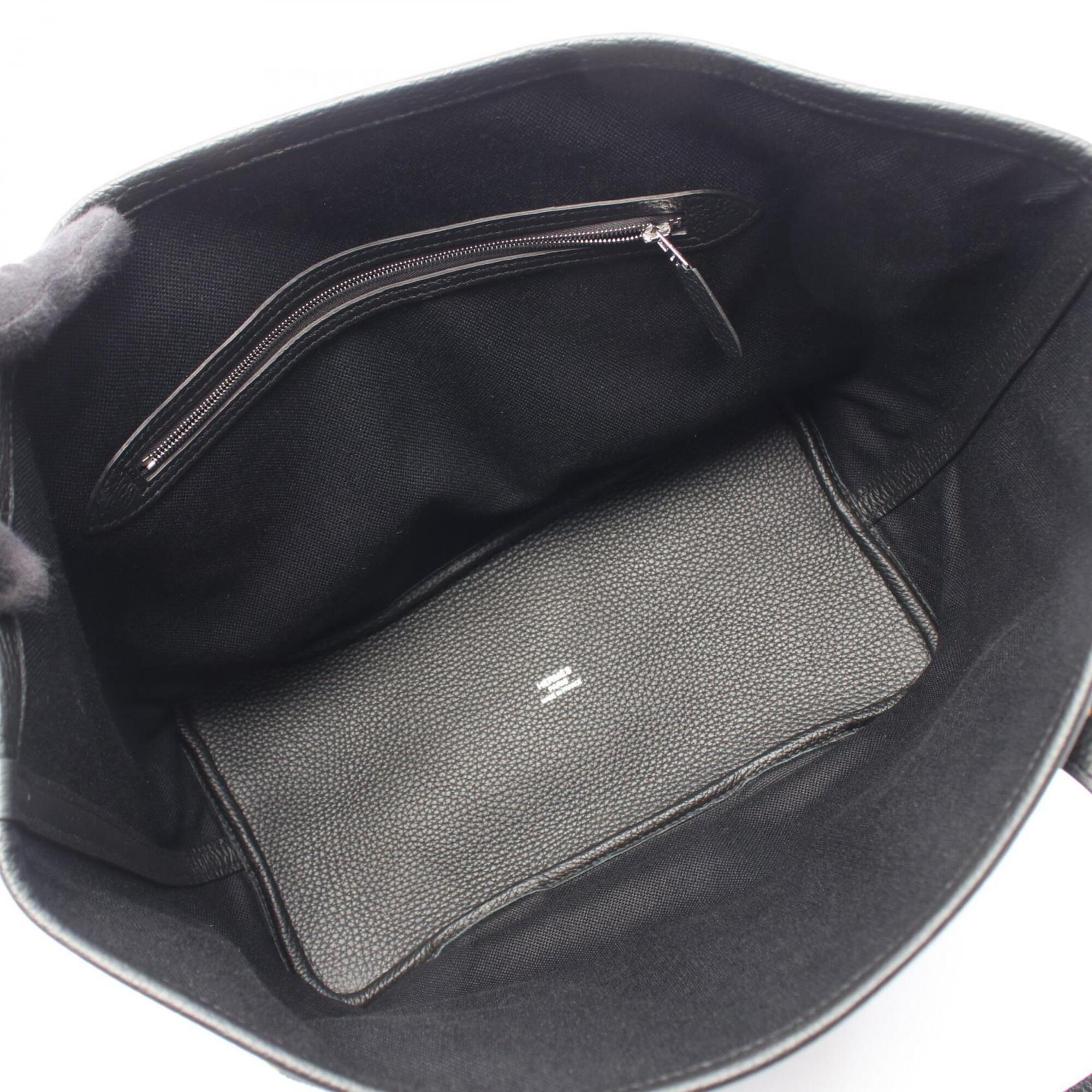 Hermes Black Brown Canvas Taurillon Clemence Leather Handbag Tote Bag (Pre-Owned)