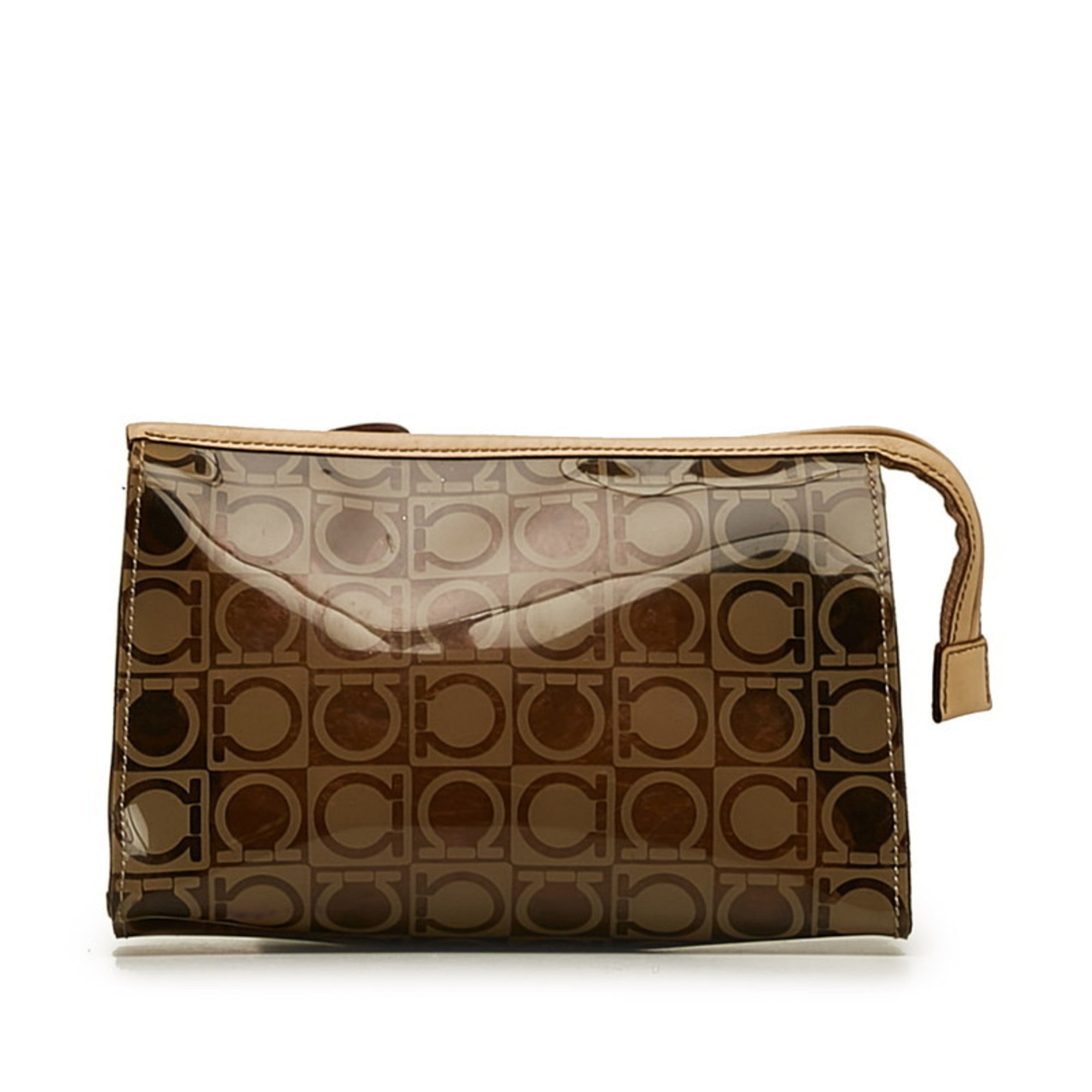 Salvatore Ferragamo Gancini Beige Brown Vinyl Pouch (Pre-Owned)