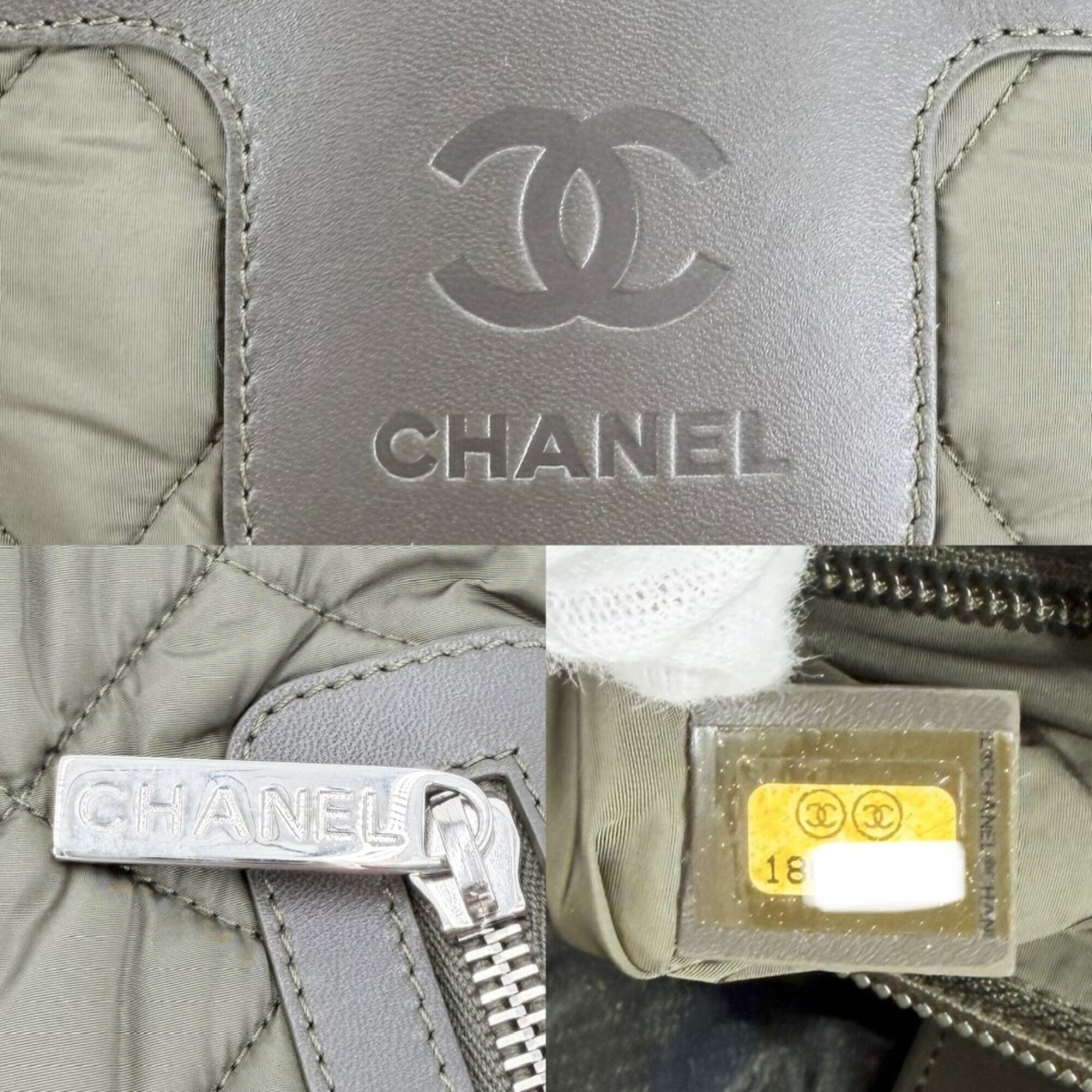 Chanel Green Khaki Leather Nylon Handbag Tote Bag (Pre-Owned)