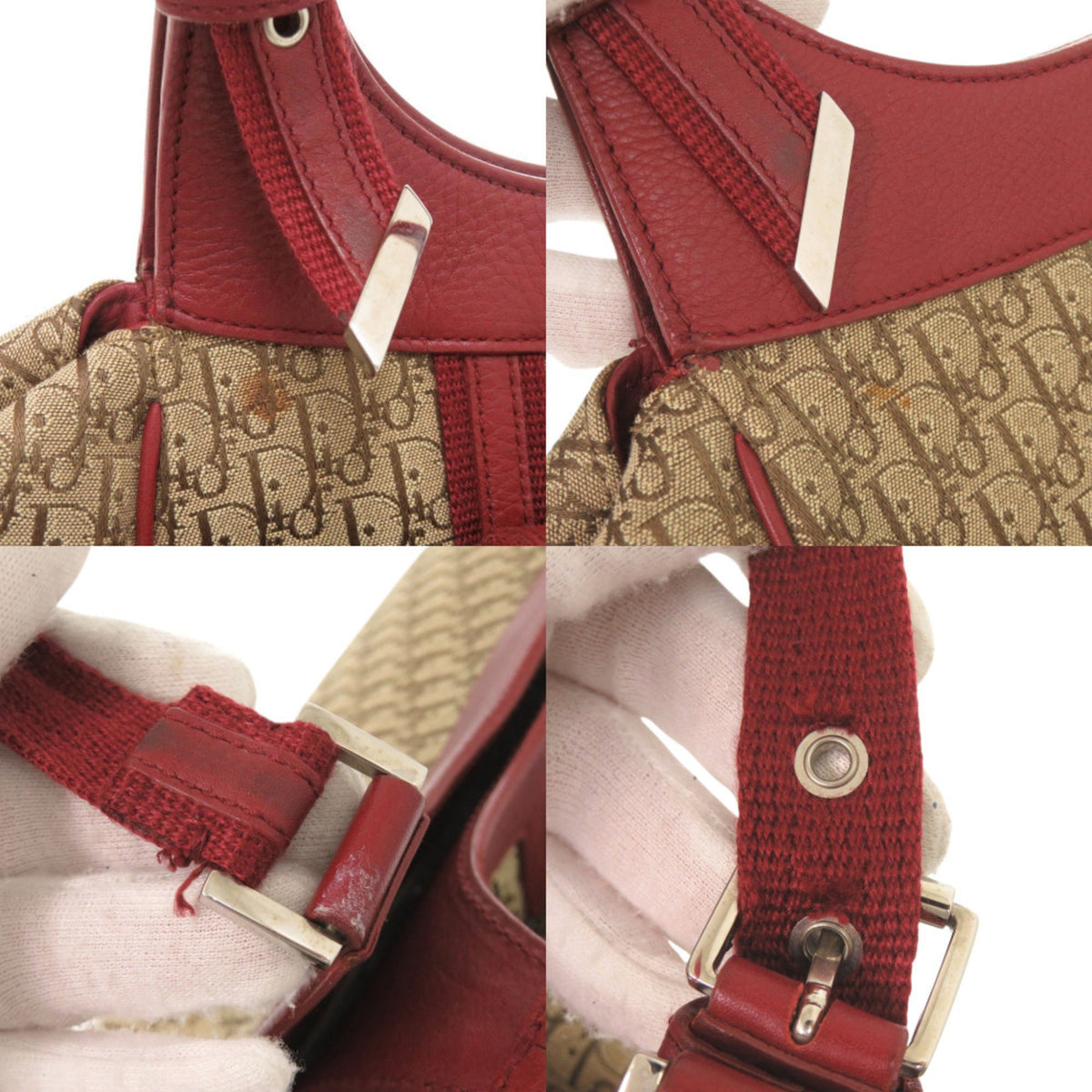 Christian Dior Beige Red Color Leather Canvas Handbag Shoulder Bag (Pre-Owned)
