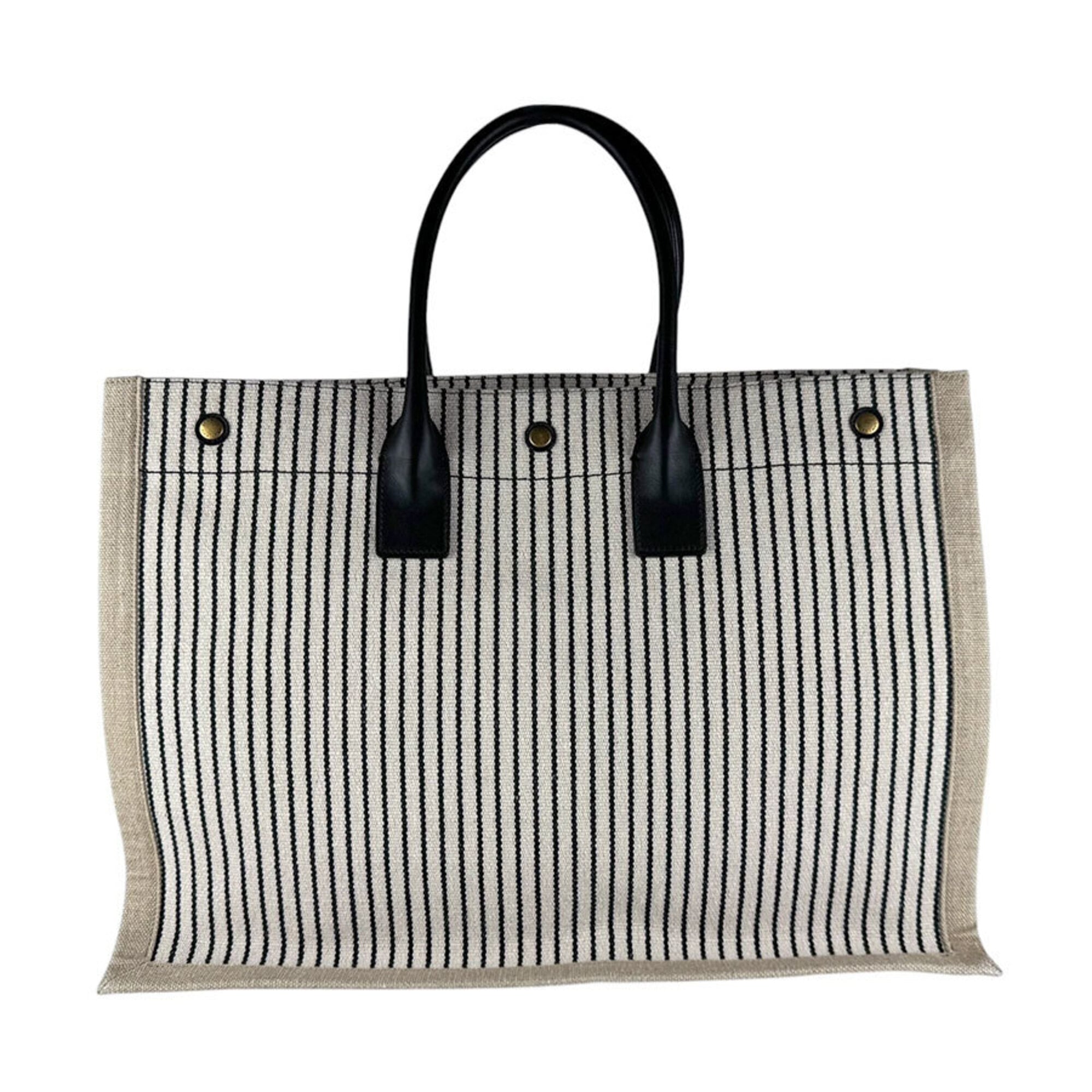 Saint Laurent Beige Black Ivory Canvas Leather Handbag Tote Bag (Pre-Owned)