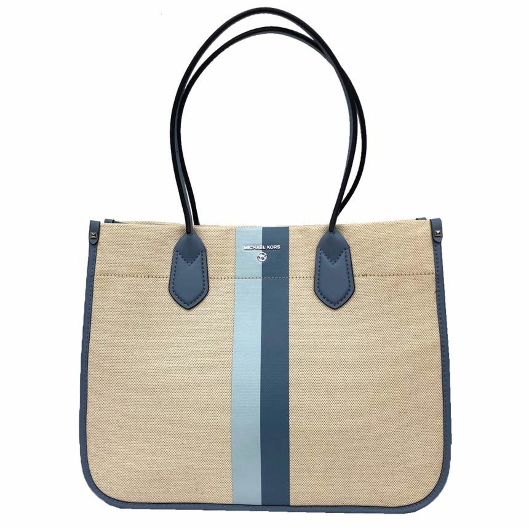 Michael Kors Beige Blue Canvas Leather Tote Bag (Pre-Owned)