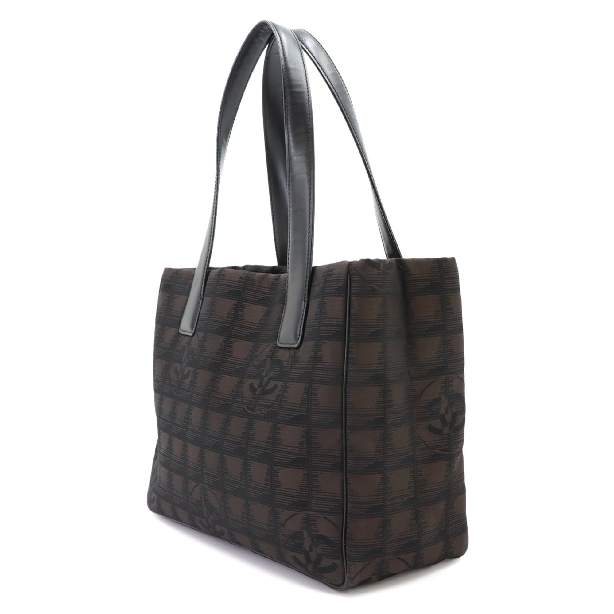 Chanel New Travel Line Black Dark Brown Nylon Jacquard Leather Handbag Tote Bag Weekend Bag (Pre-Owned)