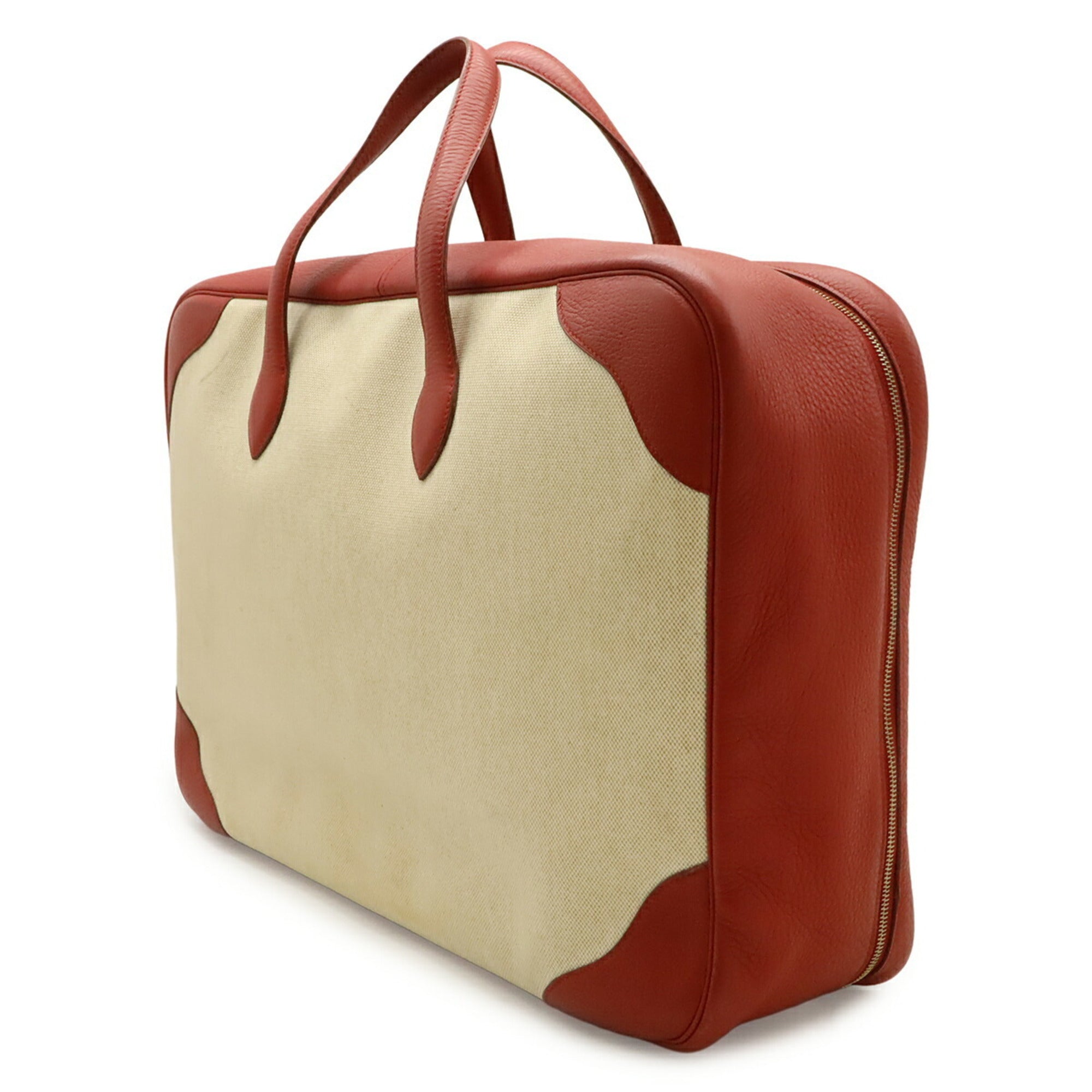 Hermes Natural Red Color Toile H Taurillon Clemence Leather Boston Bag (Pre-Owned)