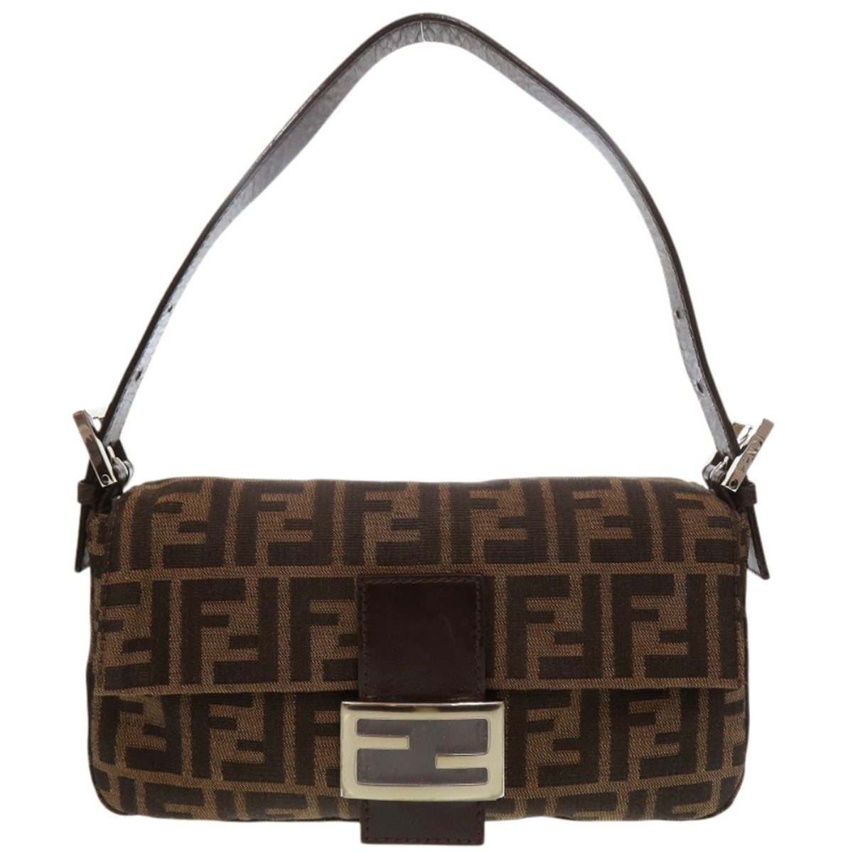 Fendi Brown Leather Nylon Jacquard Handbag (Pre-Owned)