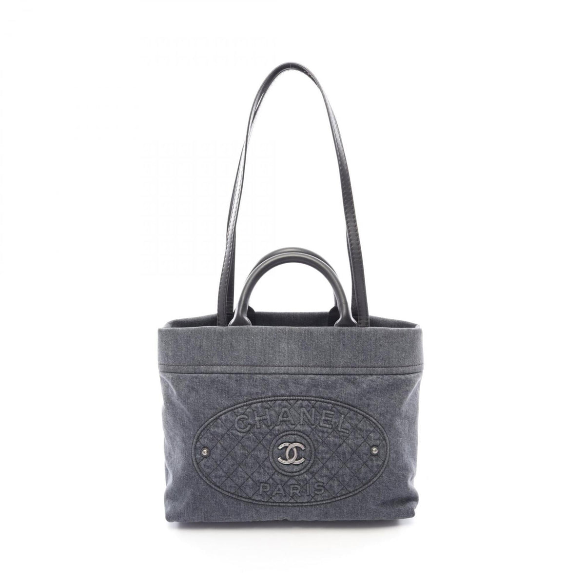 Chanel Black Navy Denim Leather Handbag Tote Bag (Pre-Owned)