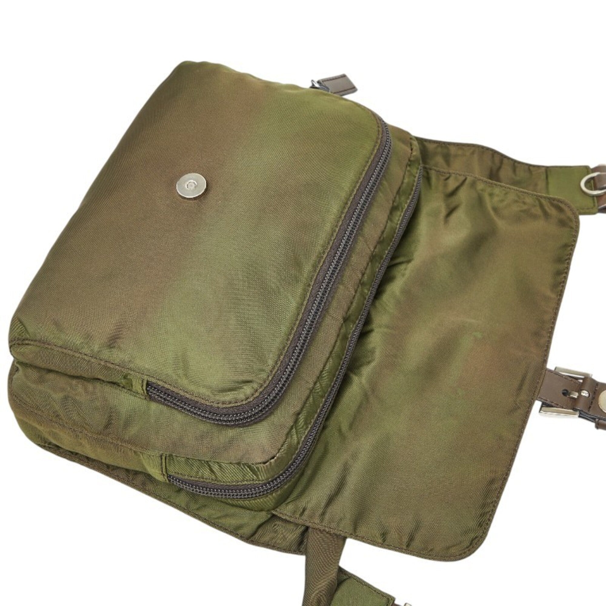 Prada Green Khaki Nylon Leather Shoulder Bag (Pre-Owned)