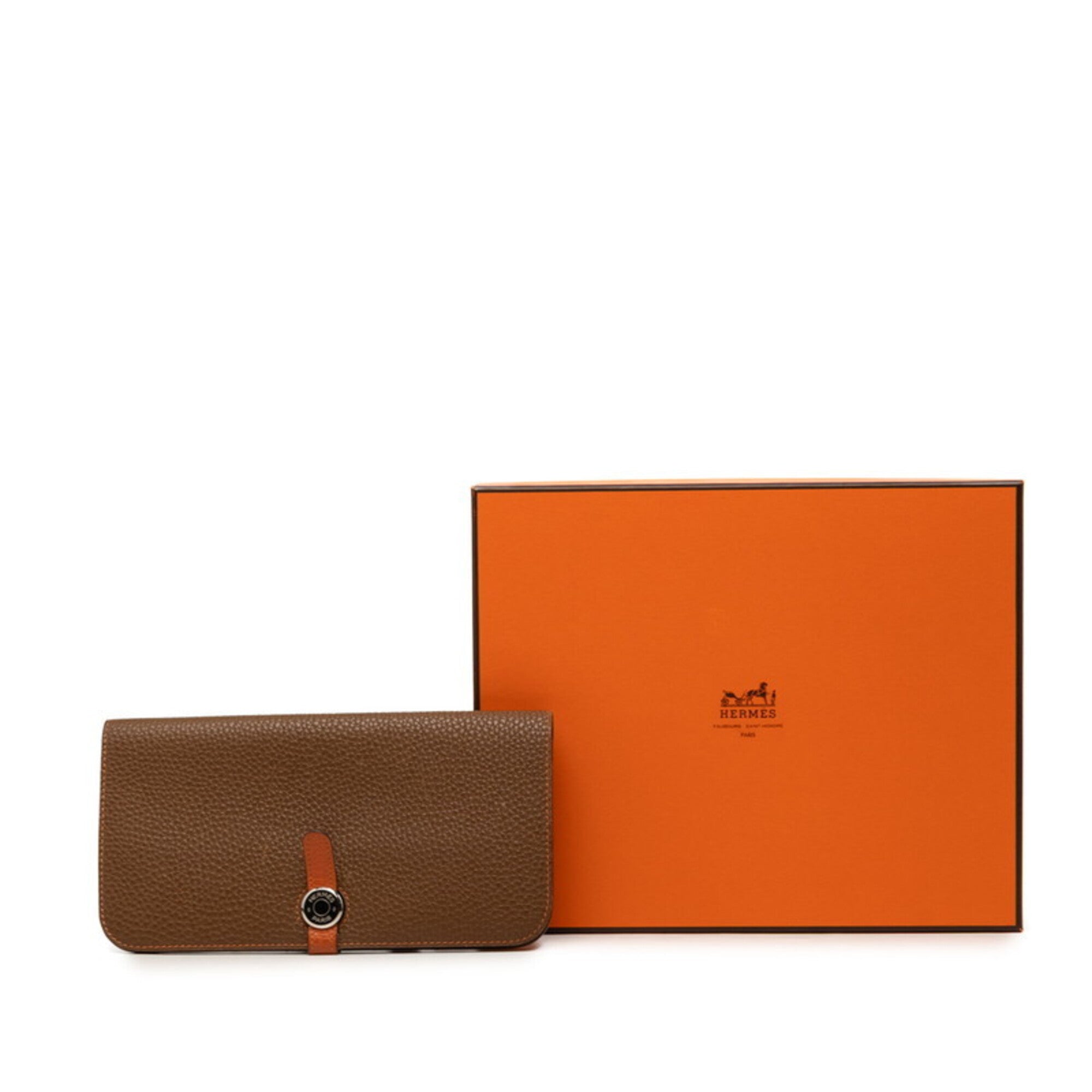 Hermes Brown Taurillon Clemence Leather Long Wallet (Bi-Fold) (Pre-Owned)