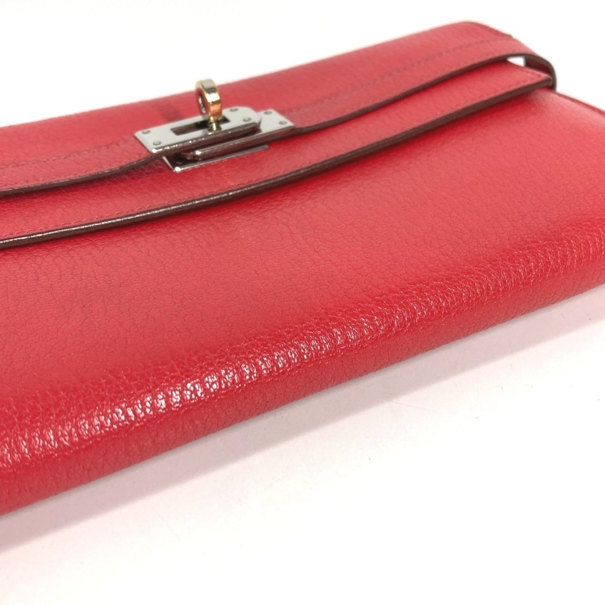 Hermes Red Color Chevre Leather Long Wallet (Bi-Fold) (Pre-Owned)