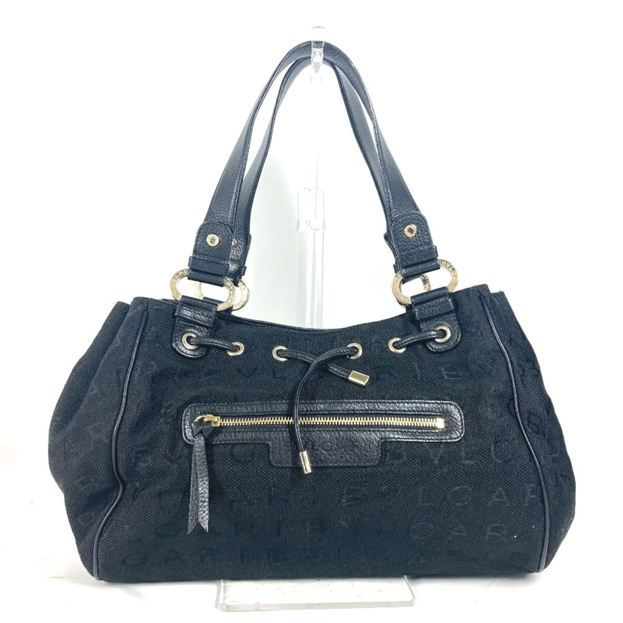 Bvlgari Black Leather Canvas Shoulder Bag Tote Bag (Pre-Owned)